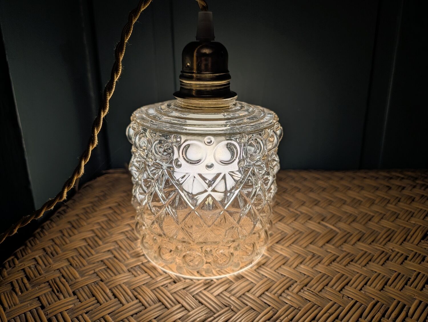 Geometric relief moulded glass lampshade from the 1970s.