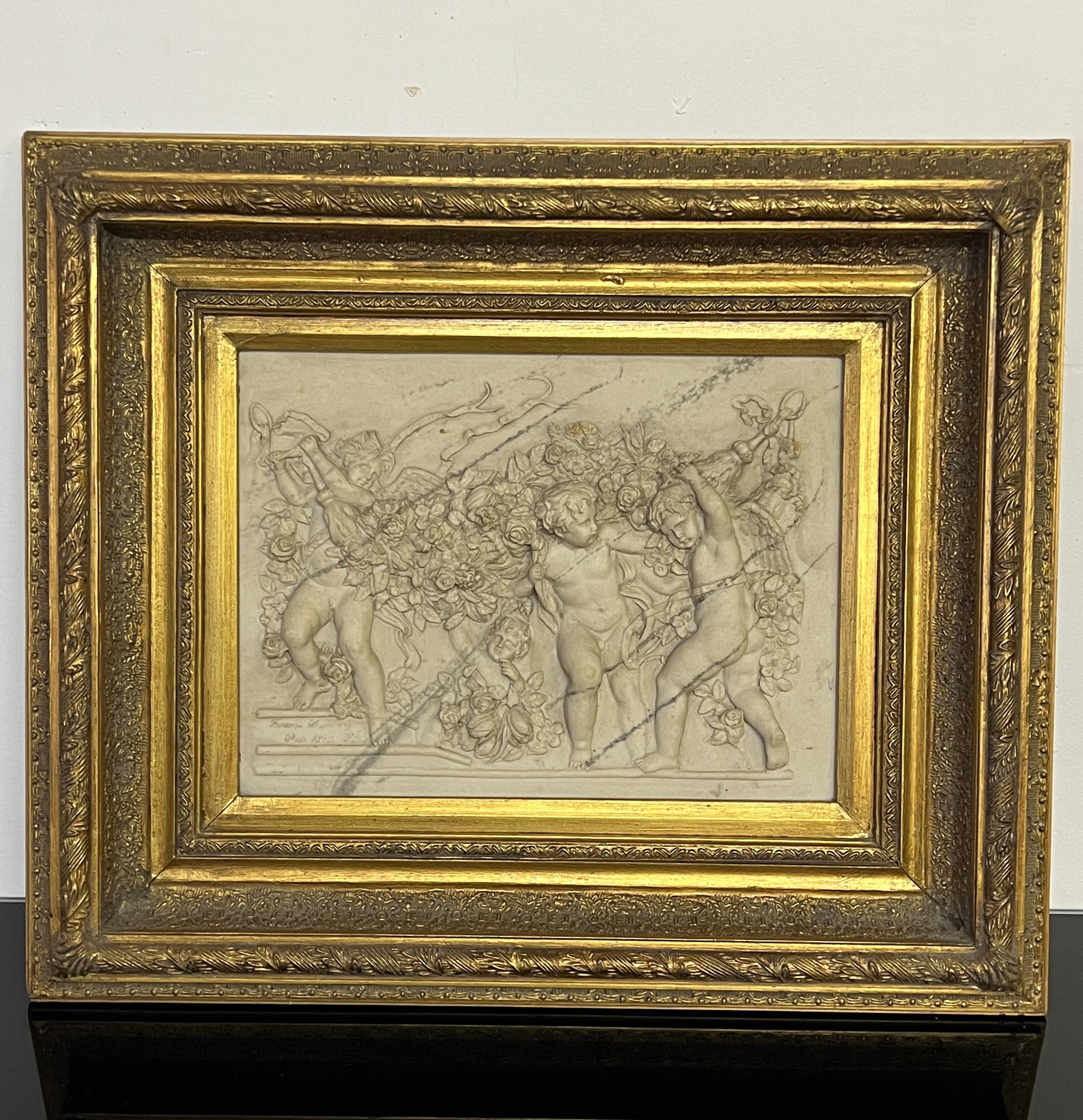 Marble high relief by François Duquesnoy "Putti, garlands and flowers" Paris, 1892