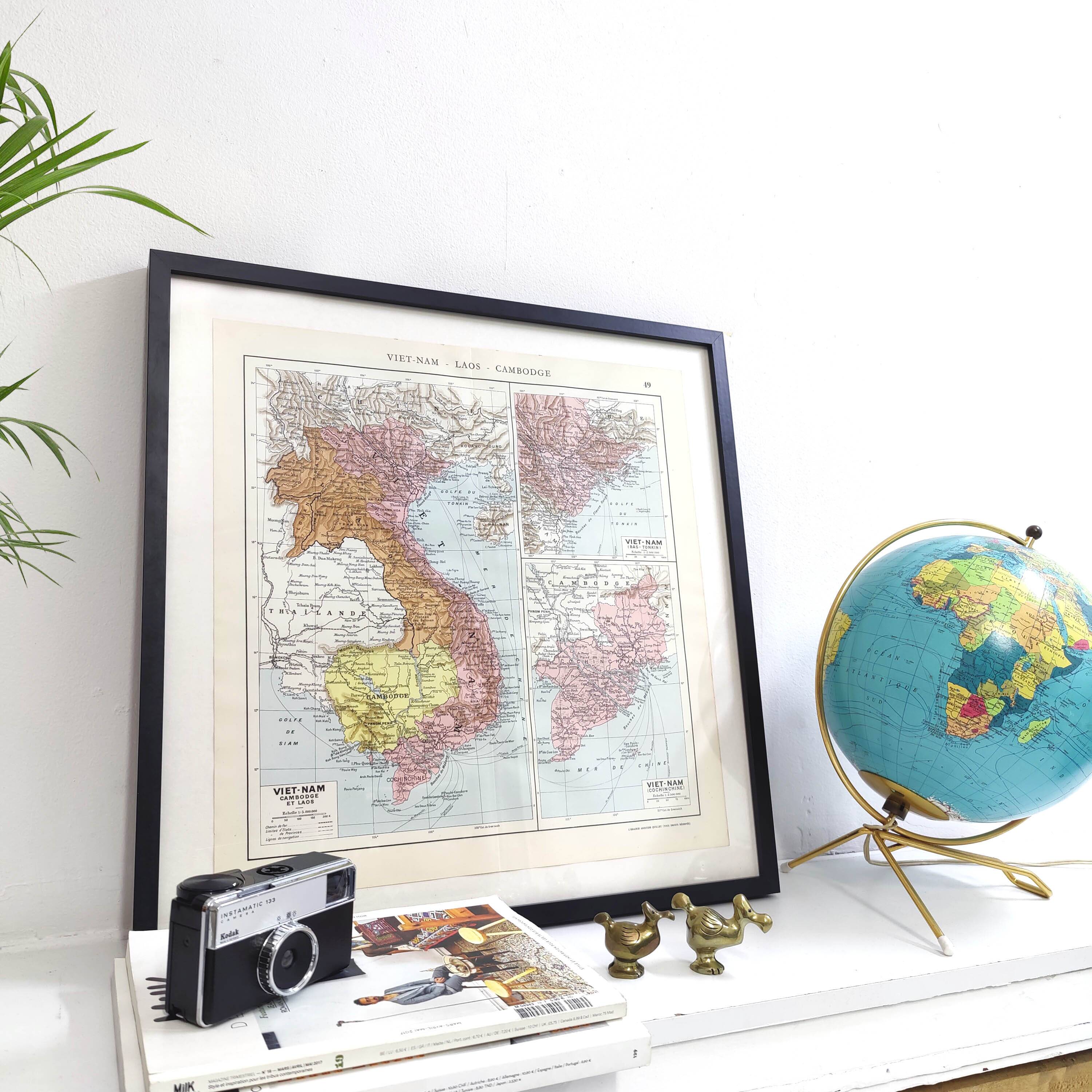 Old map Vietnam Laos Cambodia Asia 43x43cm from 1950