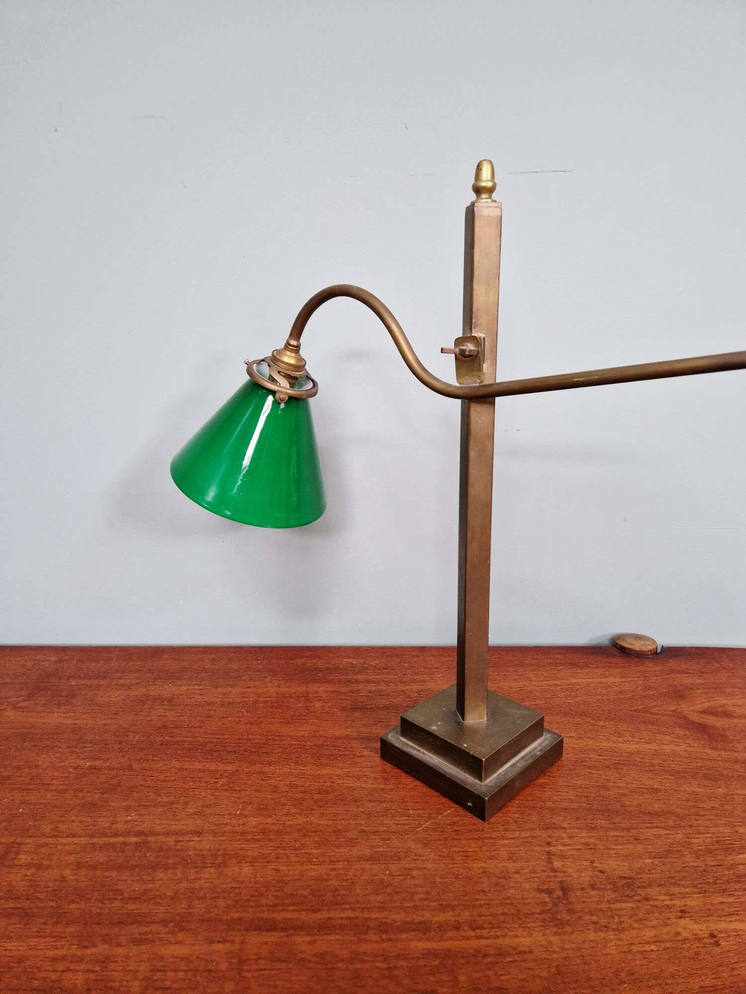 Bronze desk lamp with a green opaline conical shade, 1920.