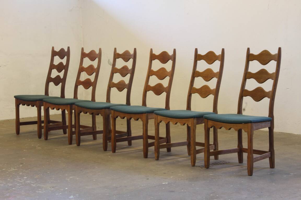 Six vintage 1960s Danish ladderback oak chairs, Henning Kjærnulf brutalist style