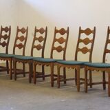 Six vintage 1960s Danish ladderback oak chairs, Henning Kjærnulf brutalist style