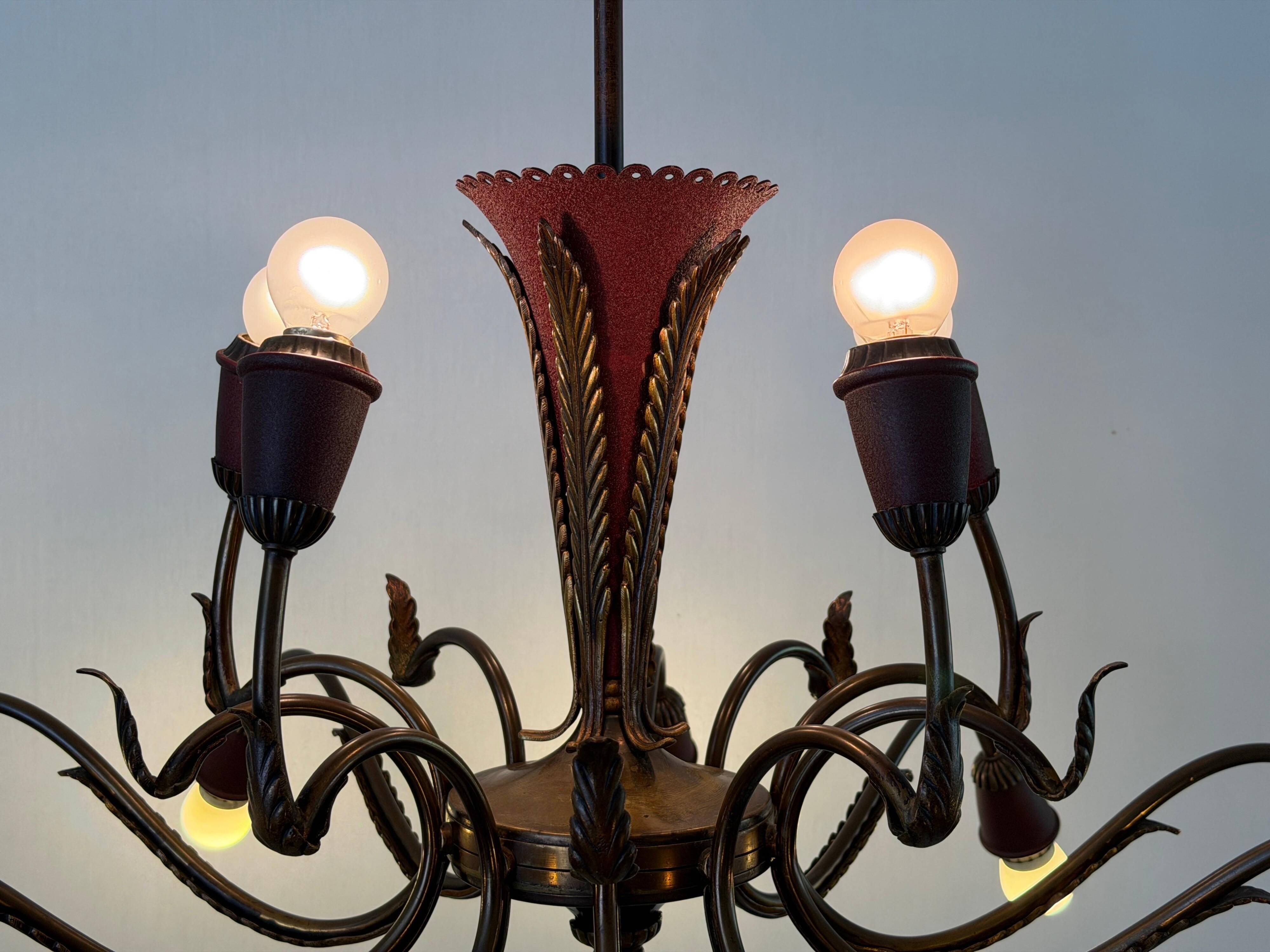 Large Burgundy brass chandelier with 15 arms, 1950, Italy