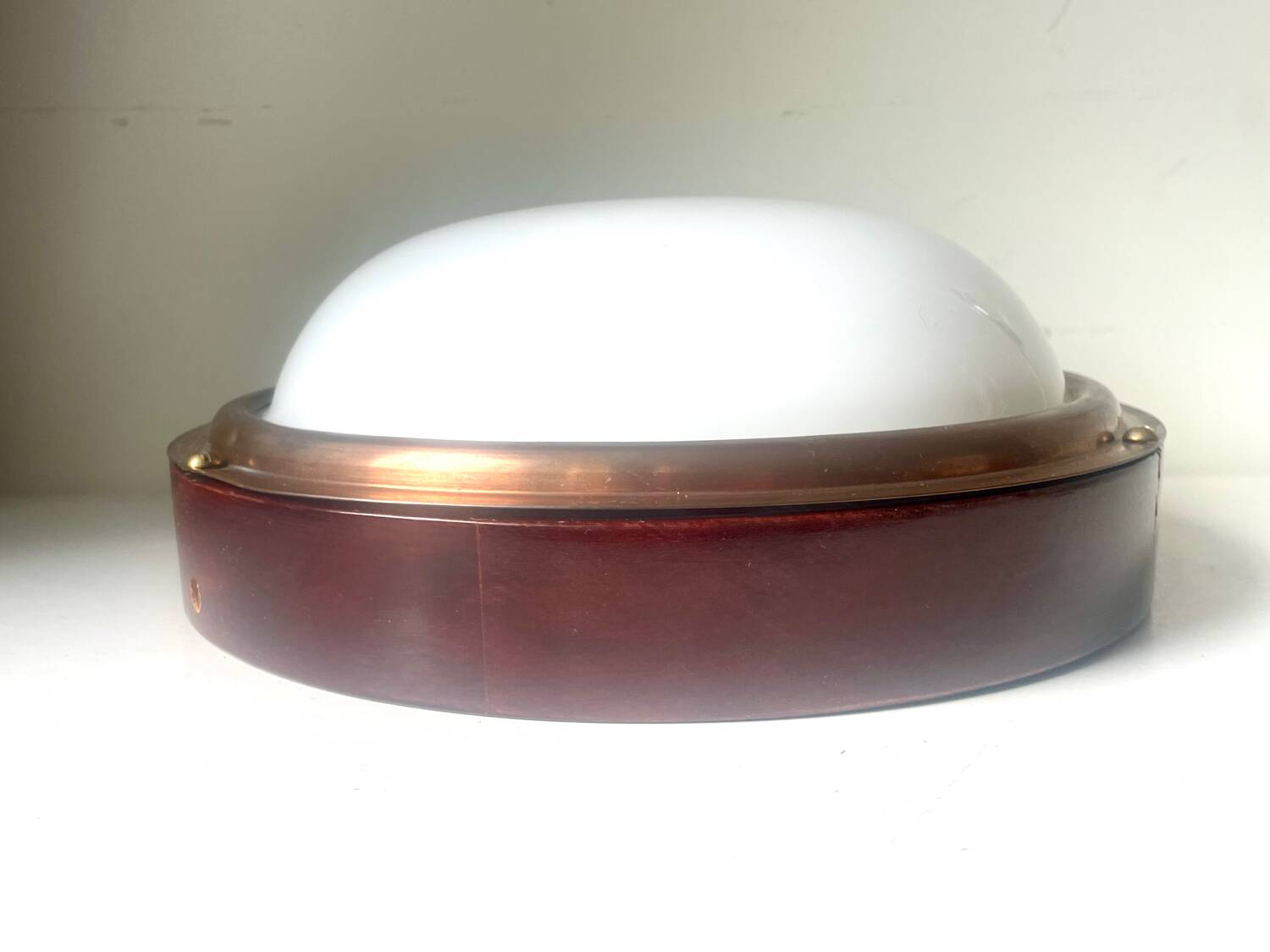 Vintage  wall or ceiling light in Mahogany & copper with  glass from a yacht