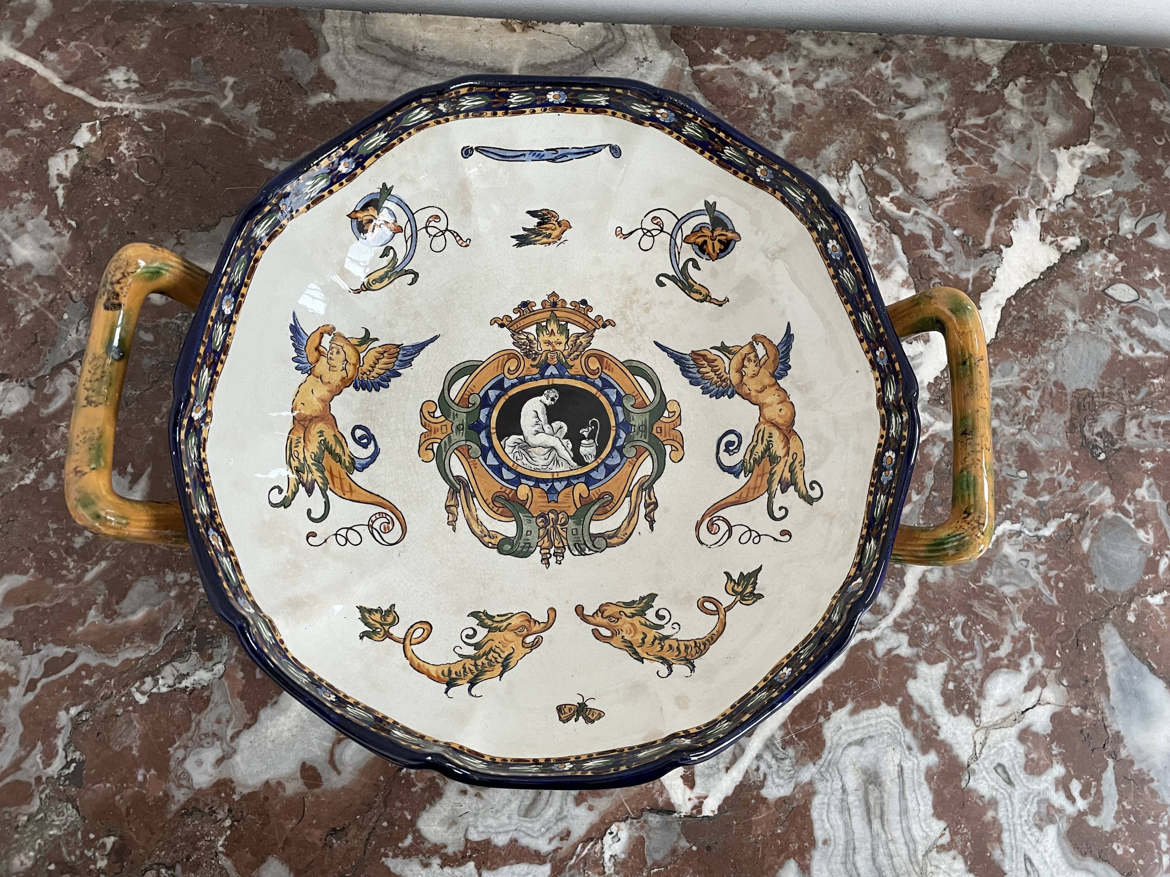 Antique, flat, bowler cup, centerpiece, Gien earthenware, nineteenth century, Renaissance décor