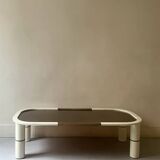 Rectangular coffee table with rounded edges, lacquered metal, brass & smoked mirror, 70s design.
