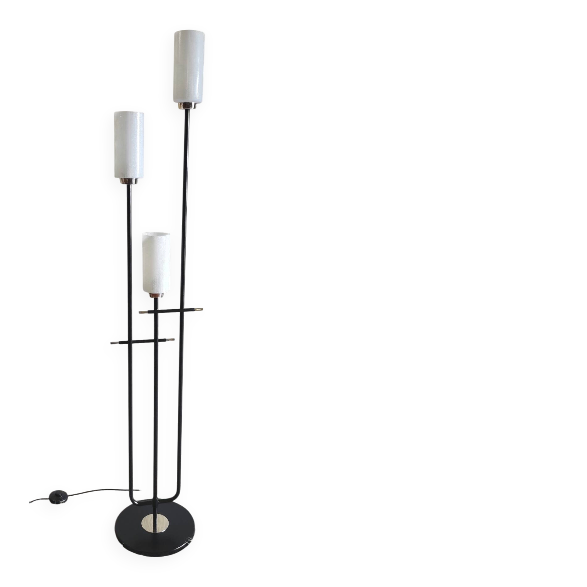 Modernist three-light floor lamp with opaline tulip - 1950s/60s