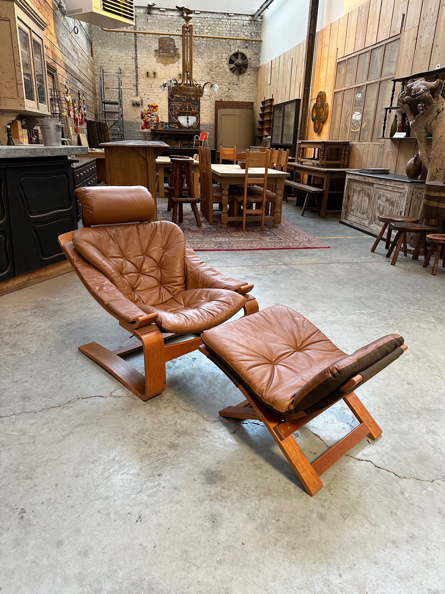 Kroken armchair and footrest in leather and bentwood by Ake Fribytter for Nelo Mobel, Sweden