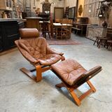 Kroken armchair and footrest in leather and bentwood by Ake Fribytter for Nelo Mobel, Sweden