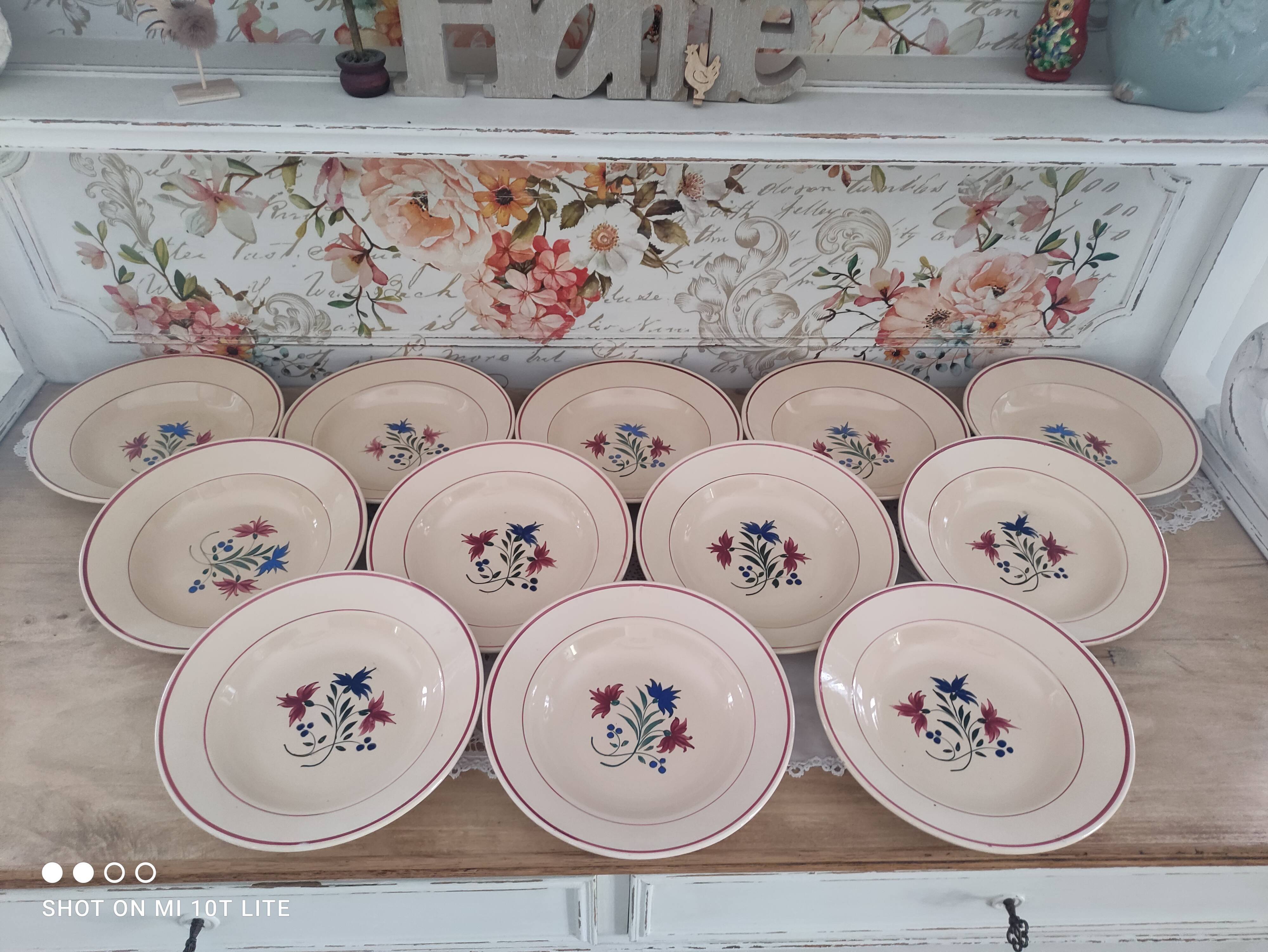 Lot de 12 assiettes creuses années 30 en faïence K&G Lunéville modèle Denise