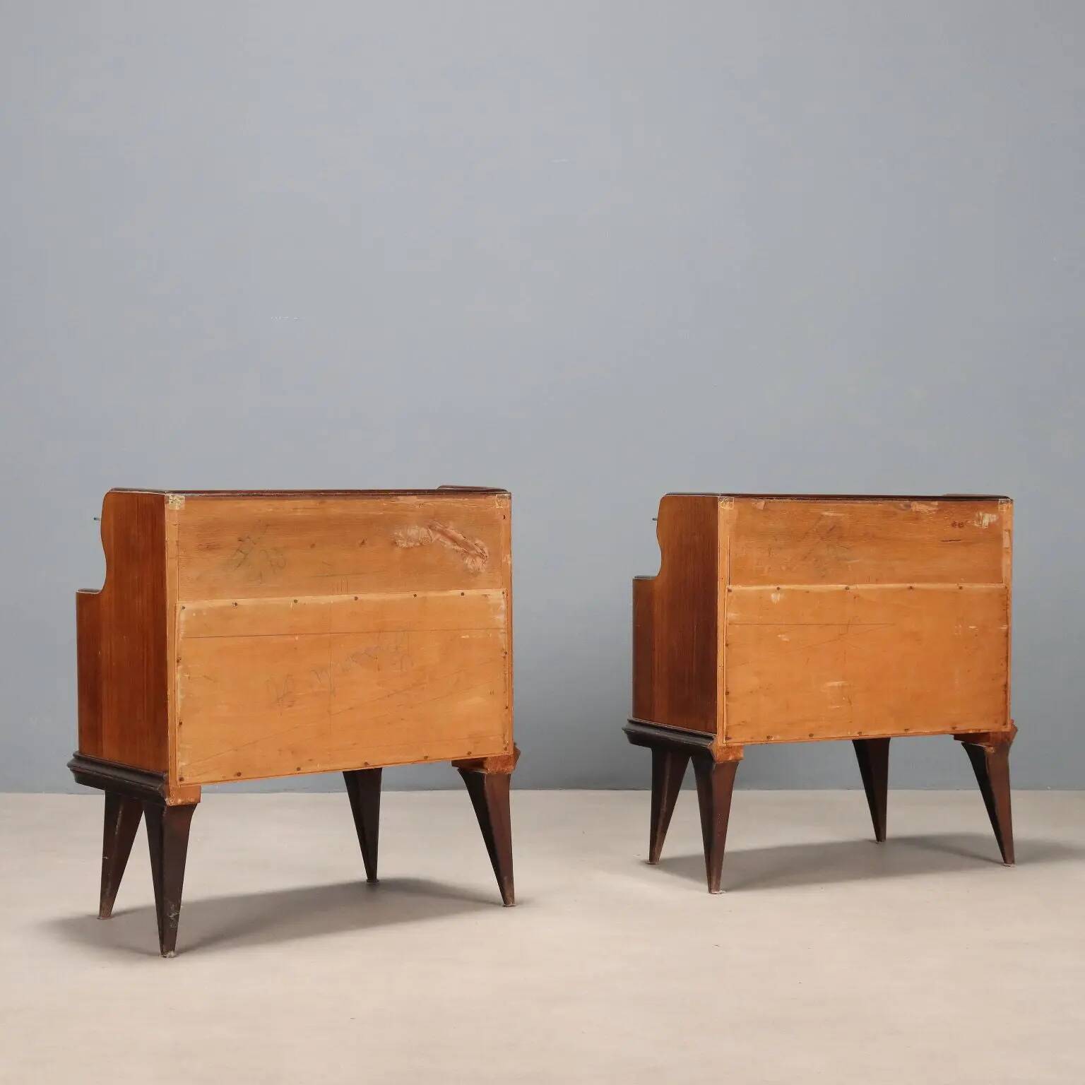 Pair of vintage bedside tables in exotic wood veneer, design, Italy, 1950s