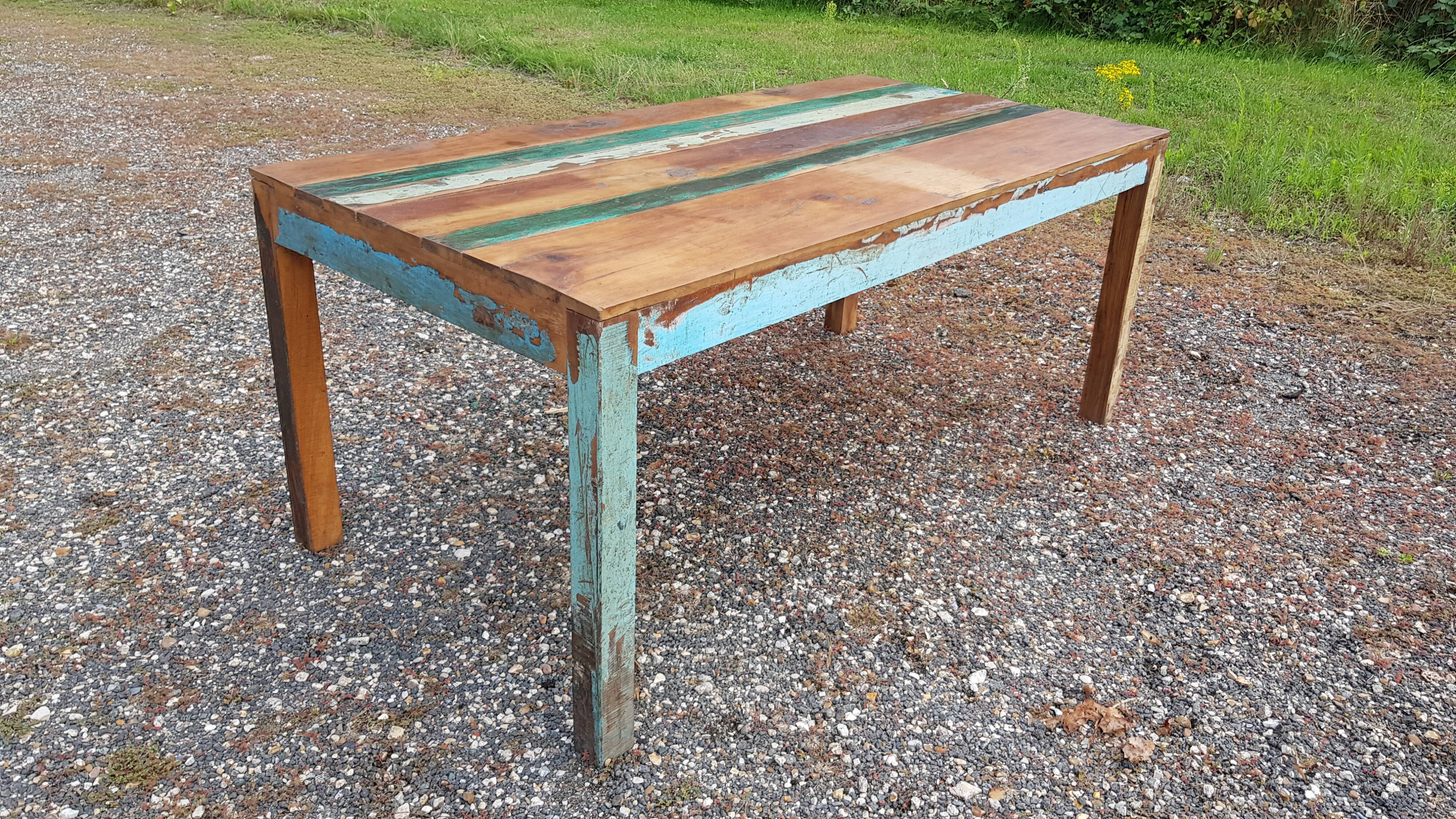 Polychrome teak dining table for 8 to 10 people