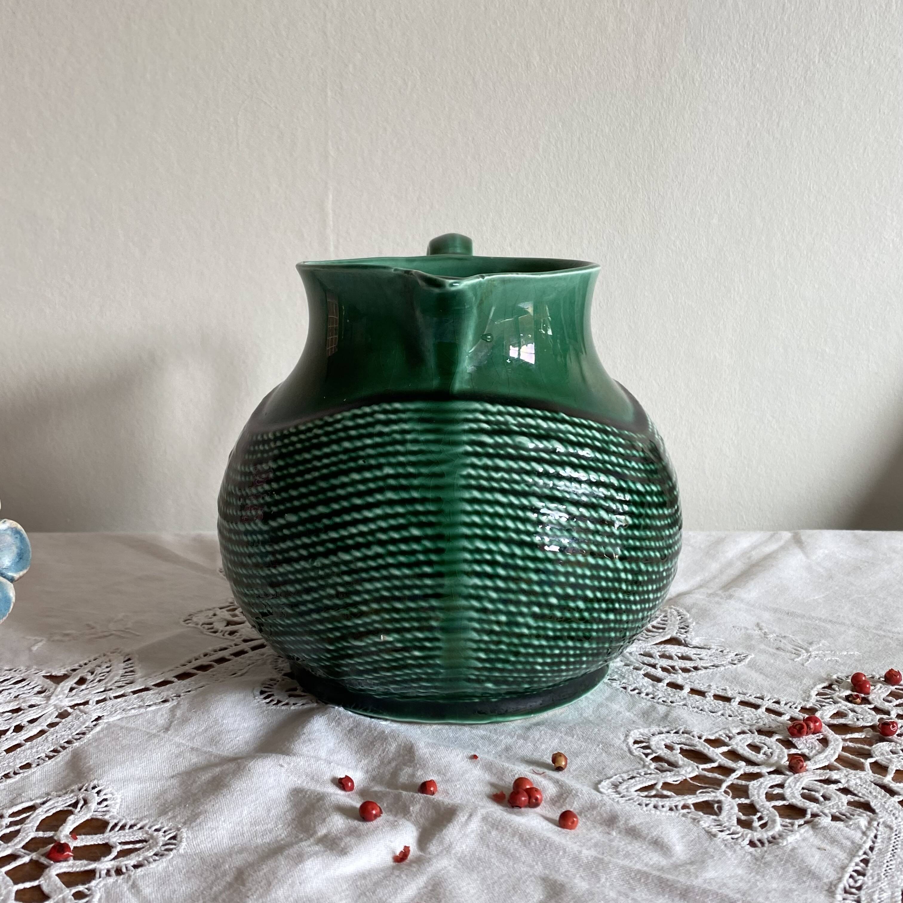 Green ceramic pitcher Sarreguemines vintage tableware