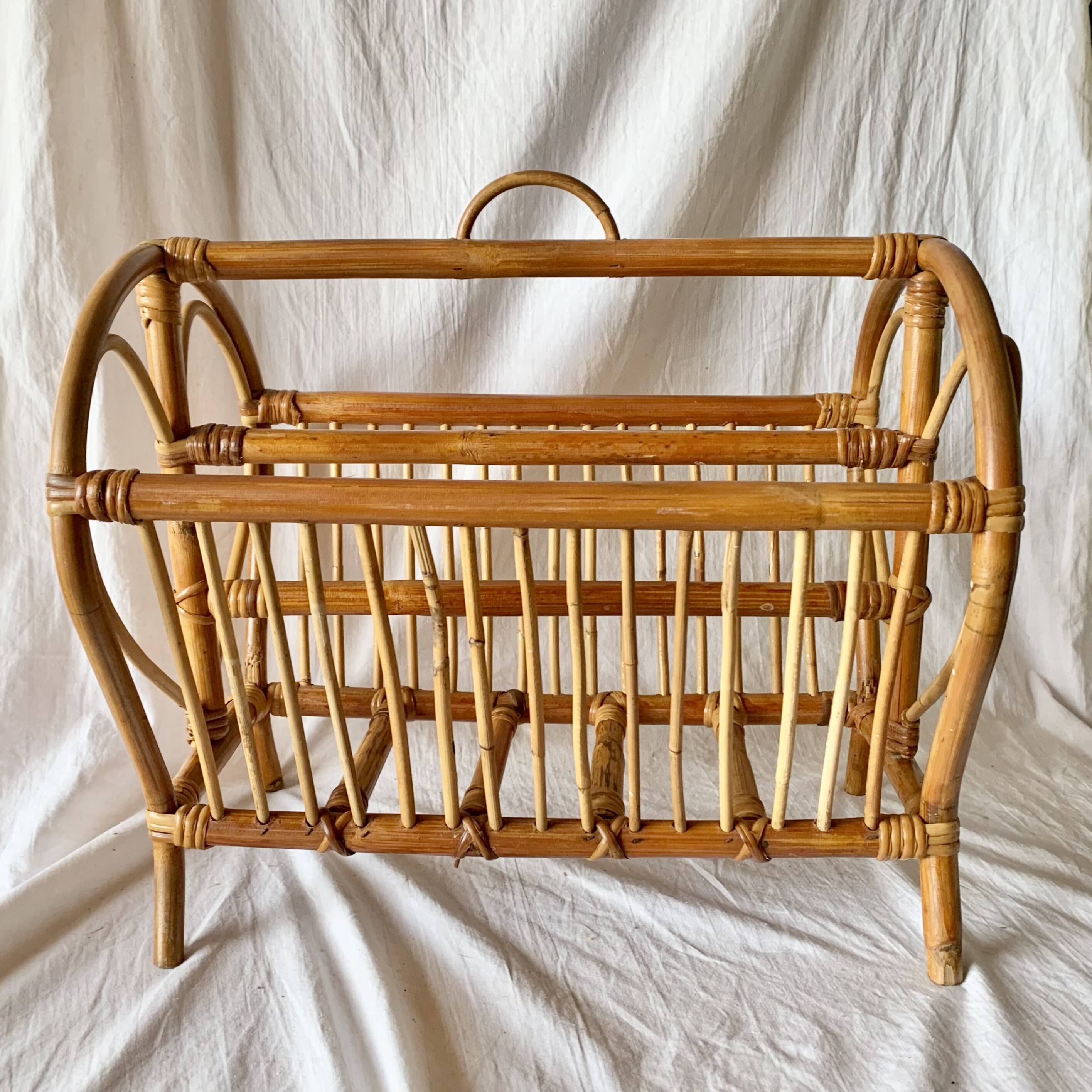 Vintage bamboo and rattan magazine rack