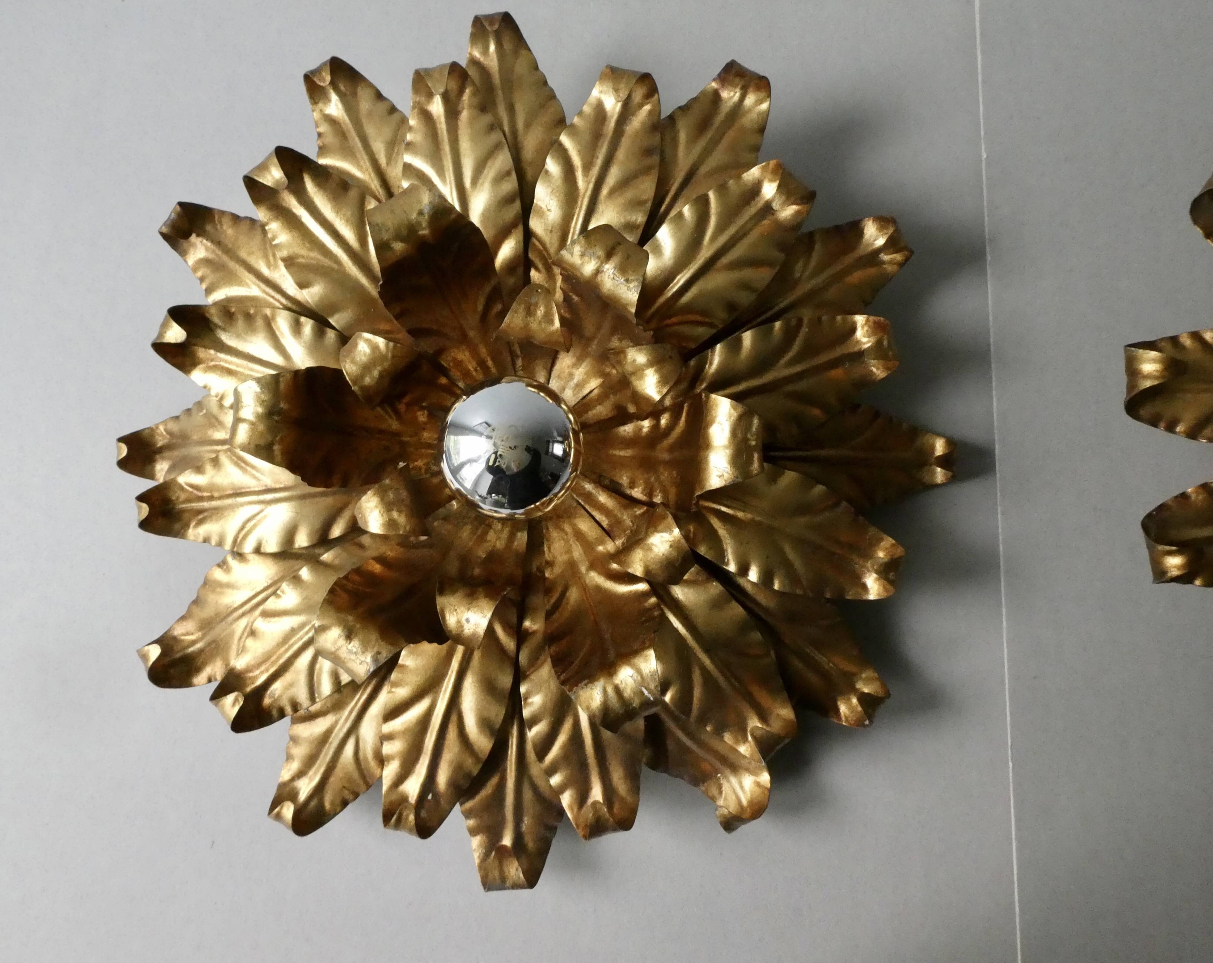 Pair of large flower wall lights in gilded metal, Italy, 1960s