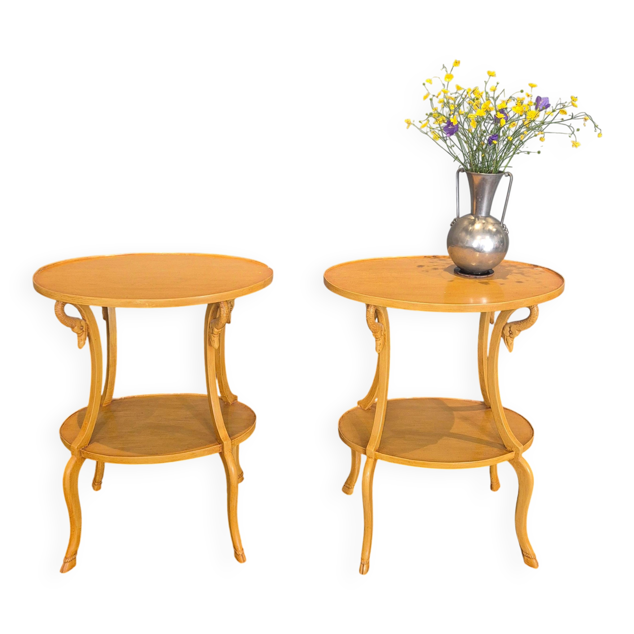 Pair of side tables decorated with swans. Empire style, Italy mid-1900s.