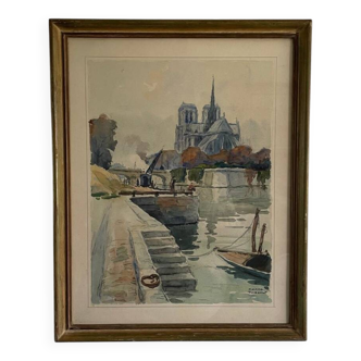 Watercolour on paper Notre Dame - Pierre Thibault 20th century.