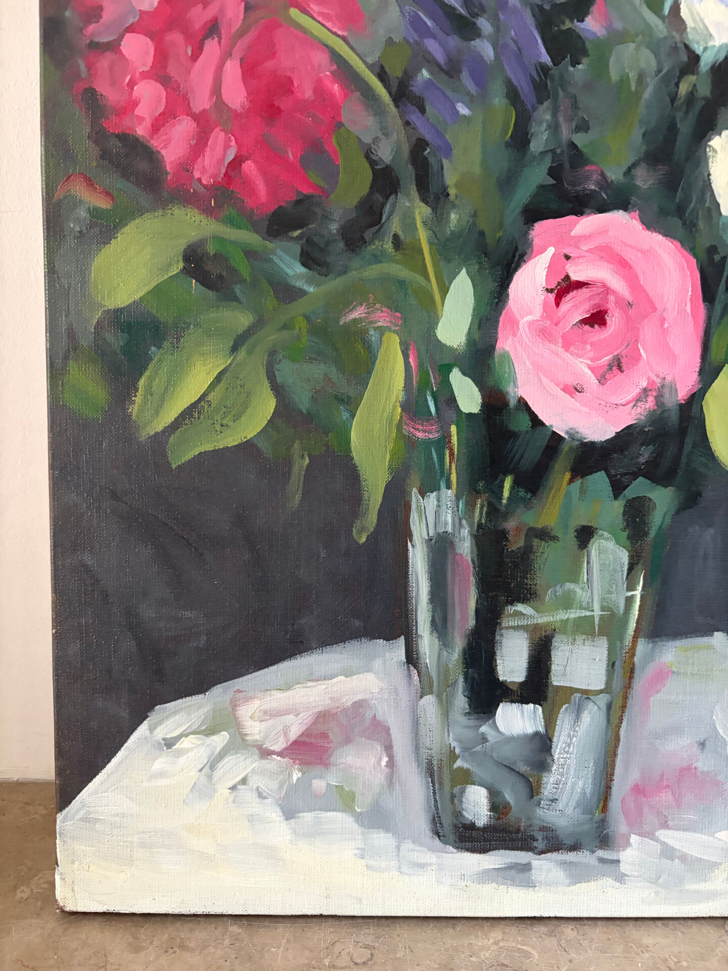 Bouquet on a table, oil on canvas signed F Corler