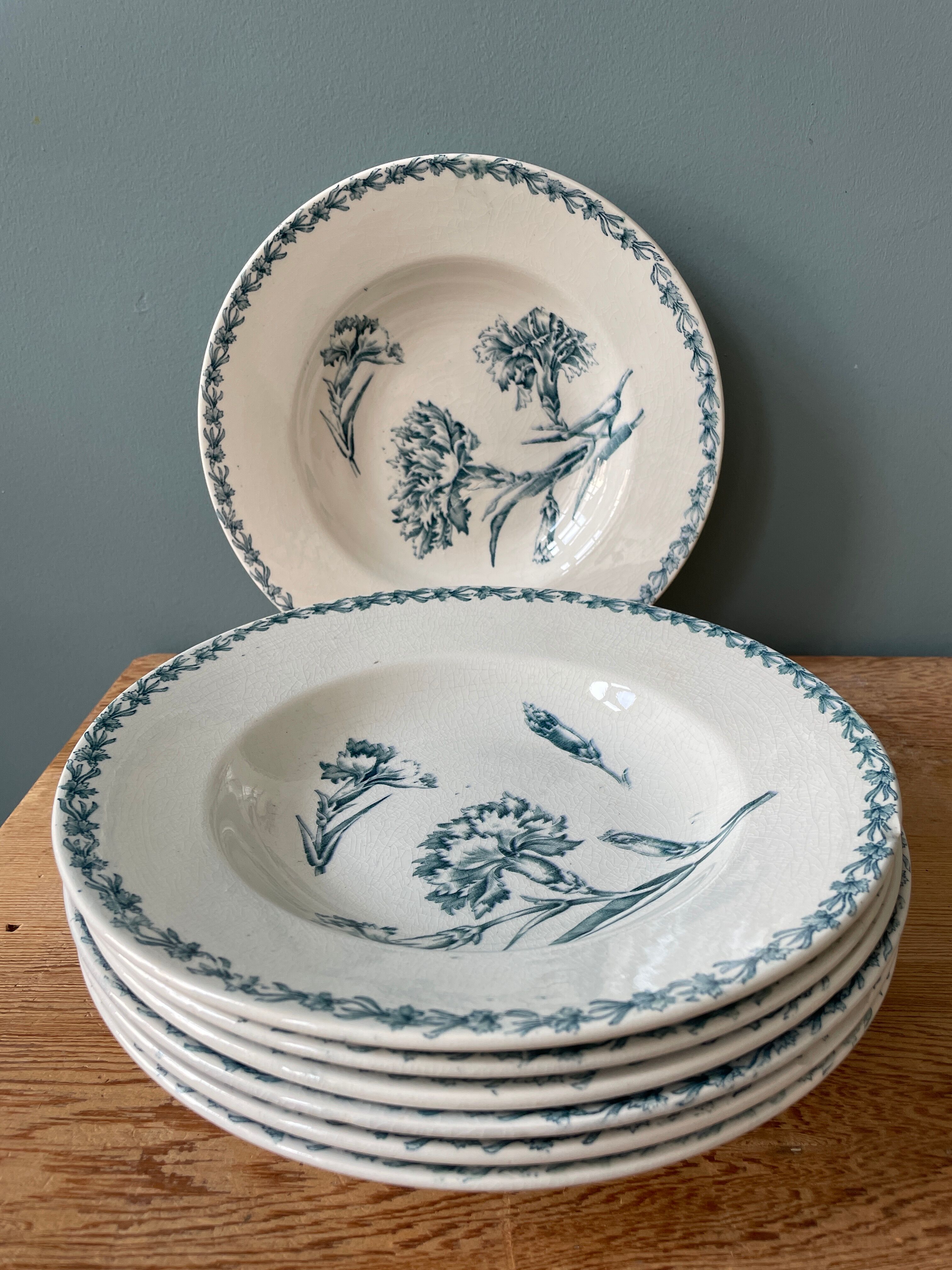 Set of 7 hollow plates Terre de Fer K.G Lunéville, model "carnation"