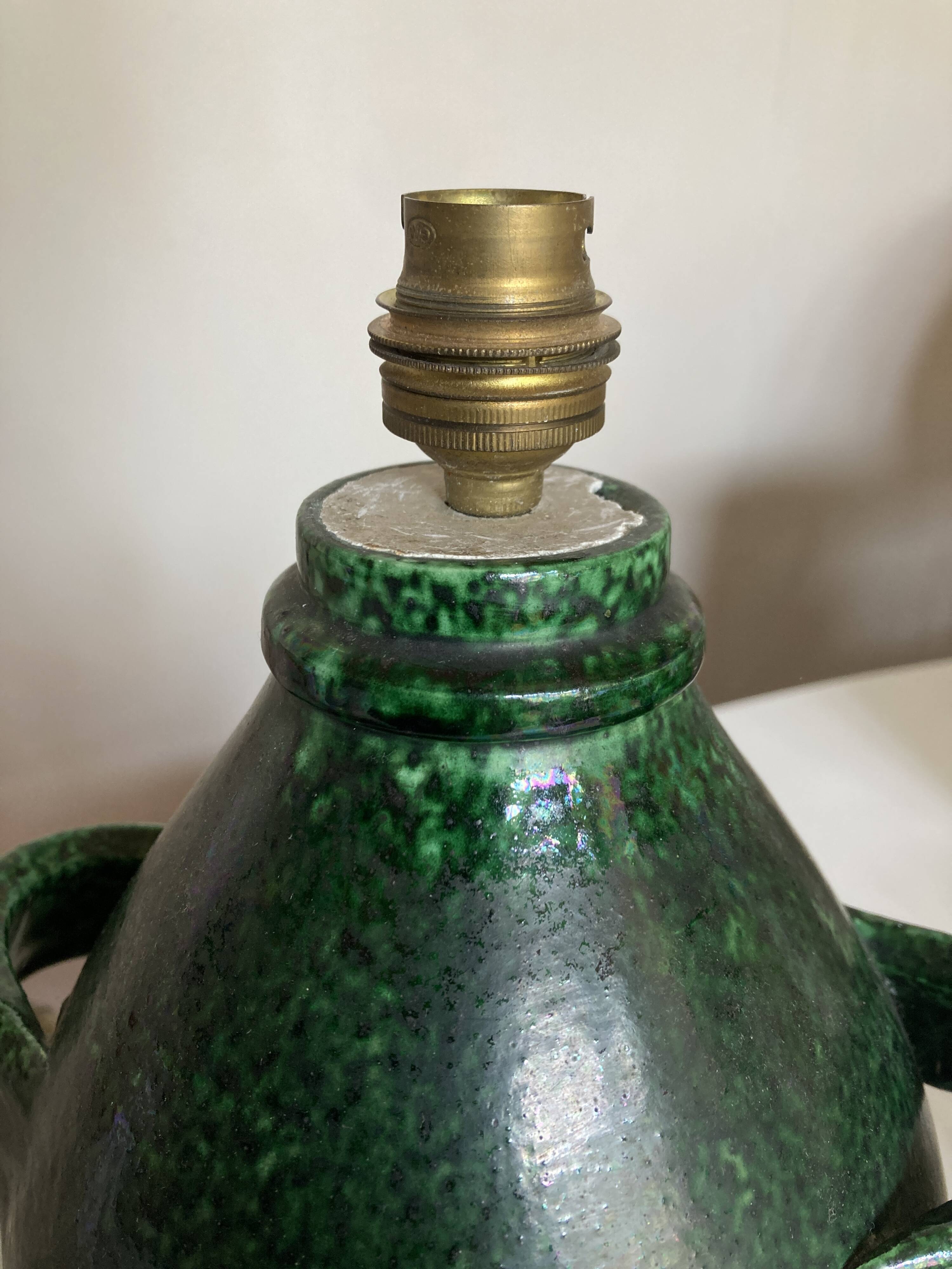 XXL green glazed terracotta lamp by Foucart Jourdan Vallauris 1960