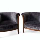 Pair of vintage barrel chairs in blue-grey velvet - 1950s/60s