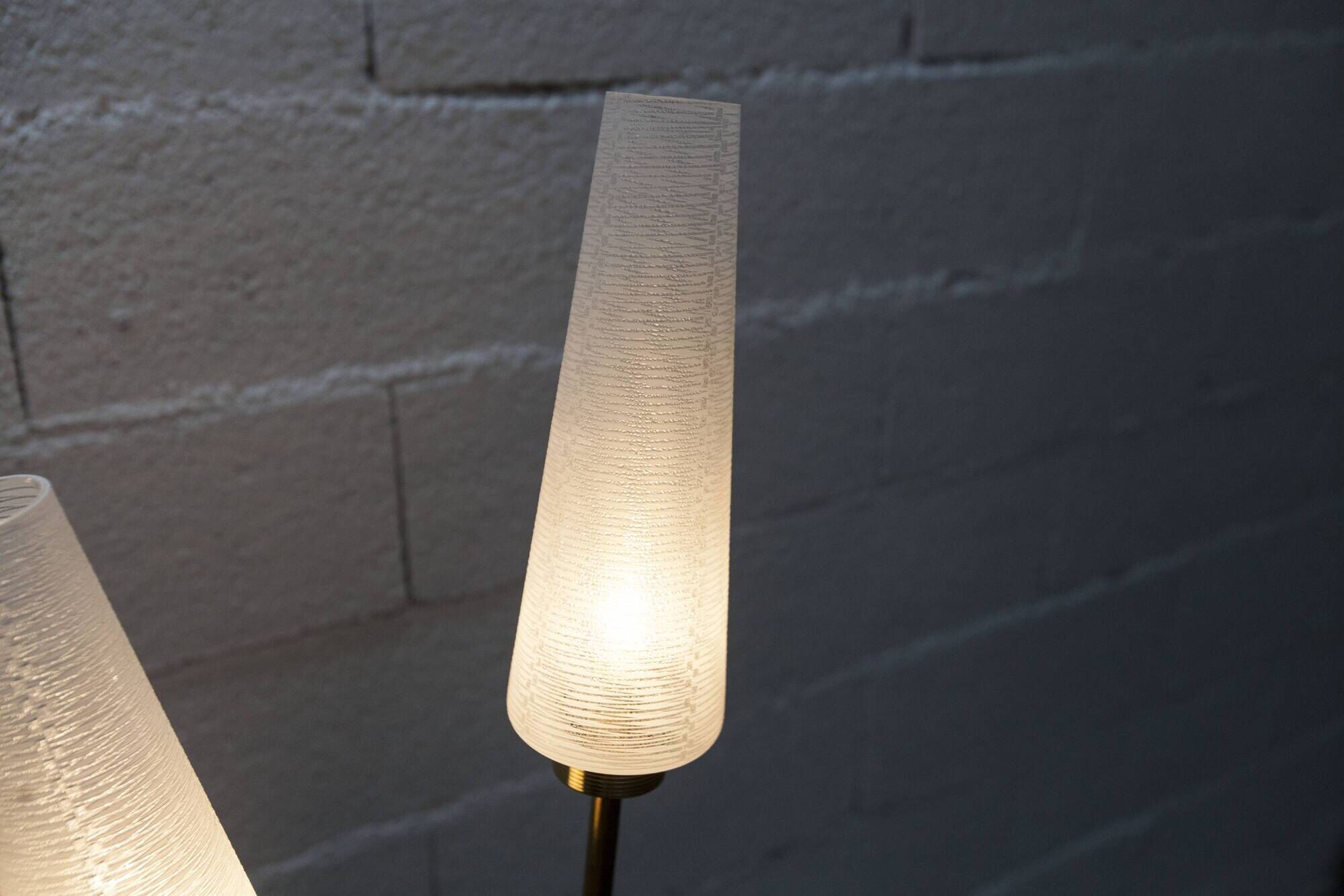 Arlus floor lamp with tripod base and 2 ribbed glass lamps 1950