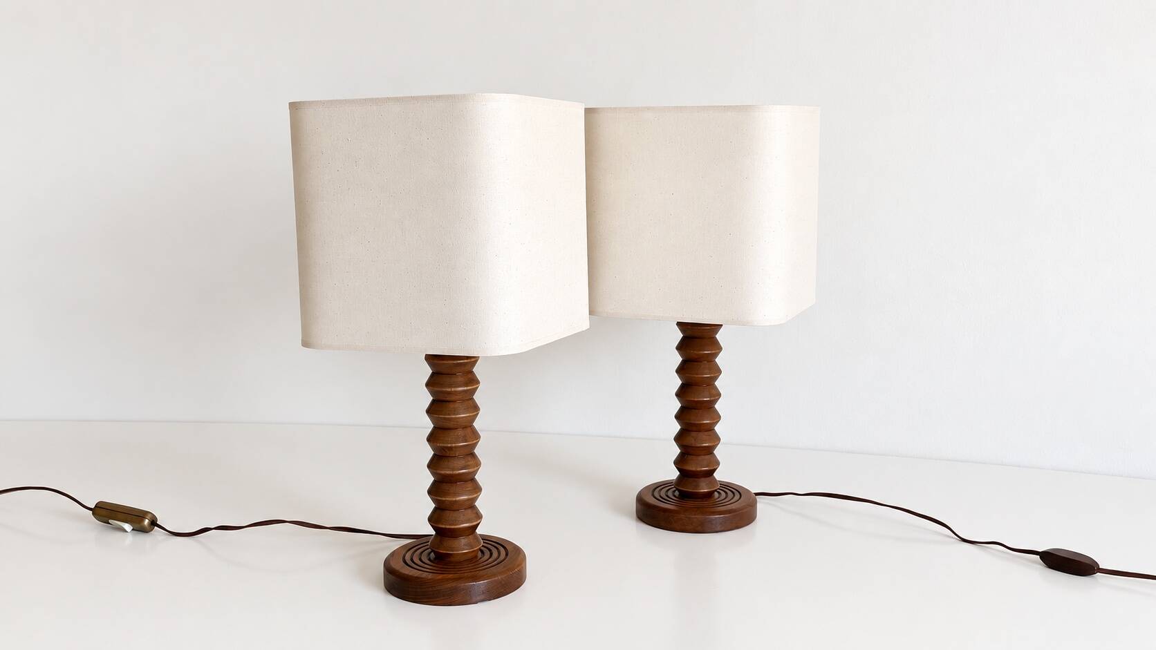 Pair of French Art Deco Wooden Table Lamps Attributed to Charles Dudouyt