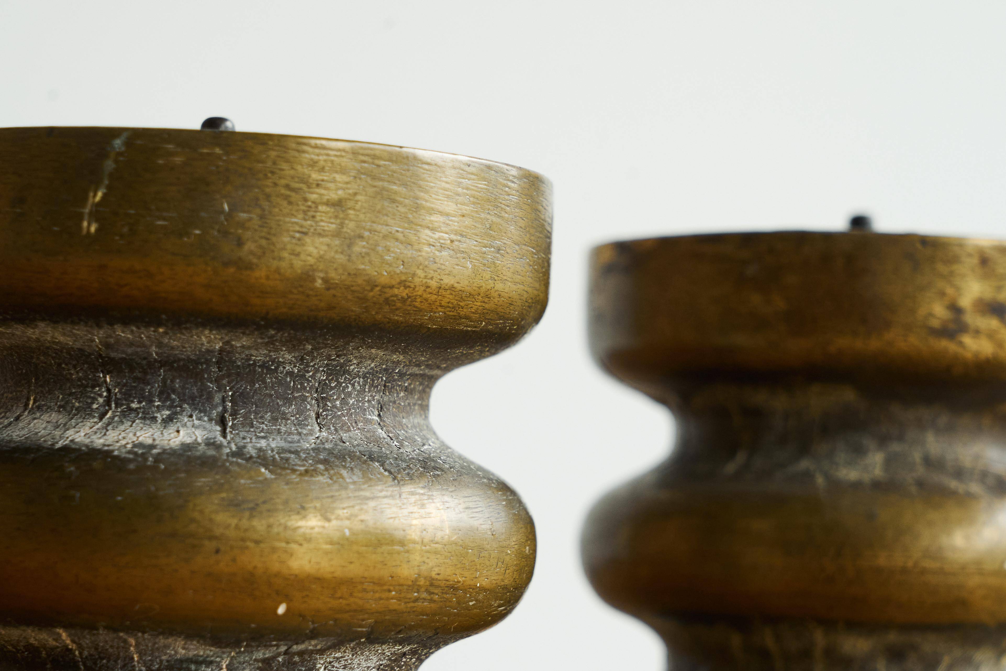 Brutalist pair of patinated bronze candle holders, 1960s