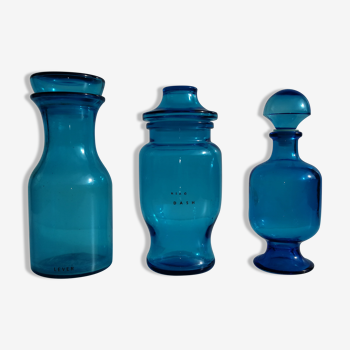 Three blue vintage jars