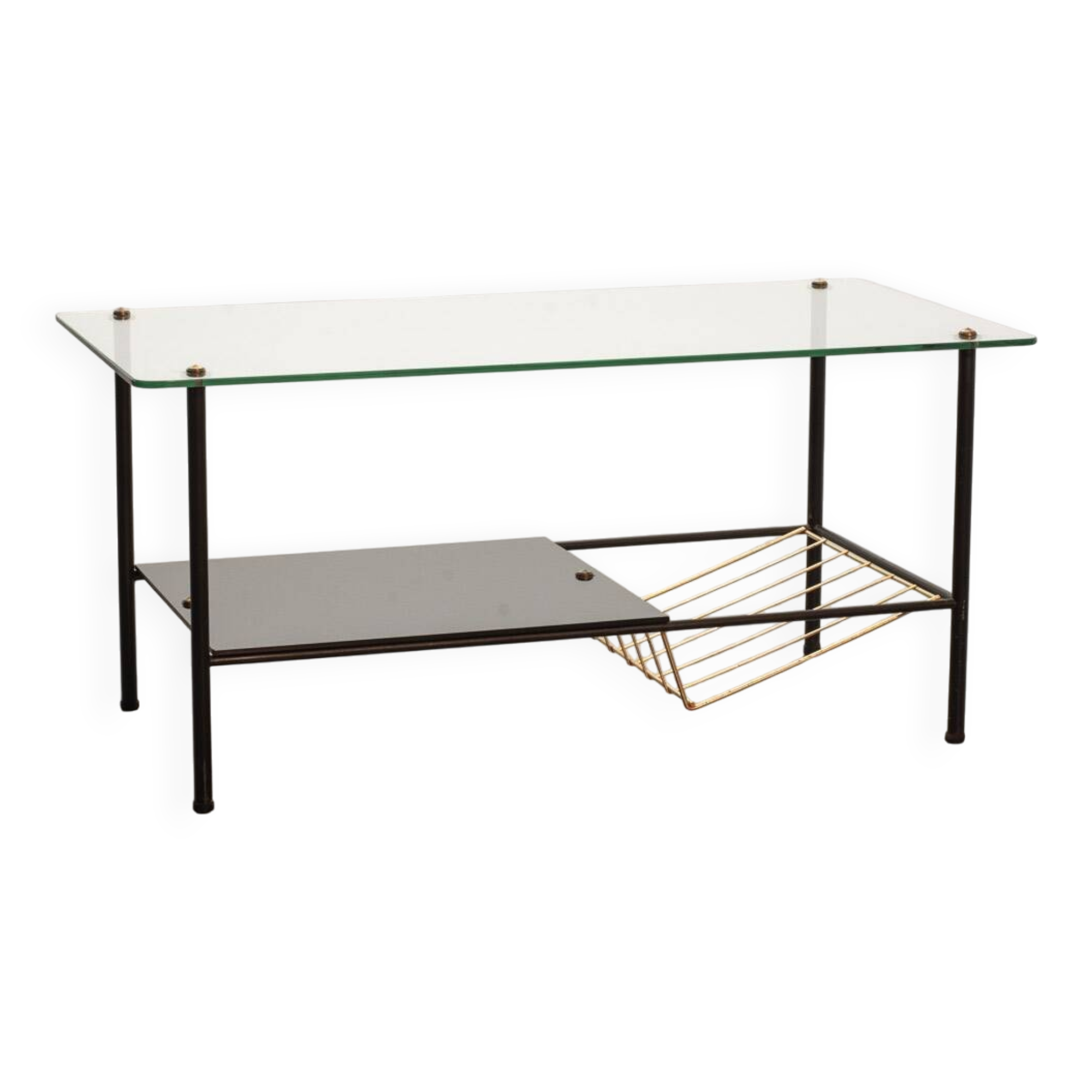 Table basse d'appoint en verre Pierre Guariche Airborne en acier noir avec verre