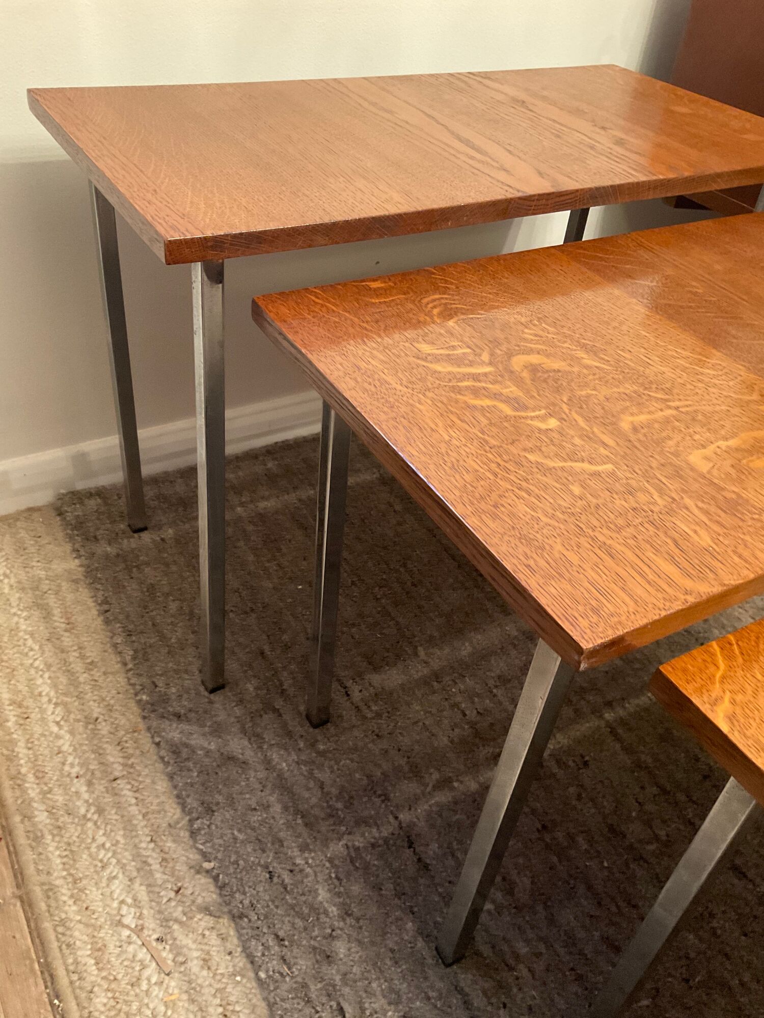 Series of 3 nesting tables from the 70s in wood and chromed metal