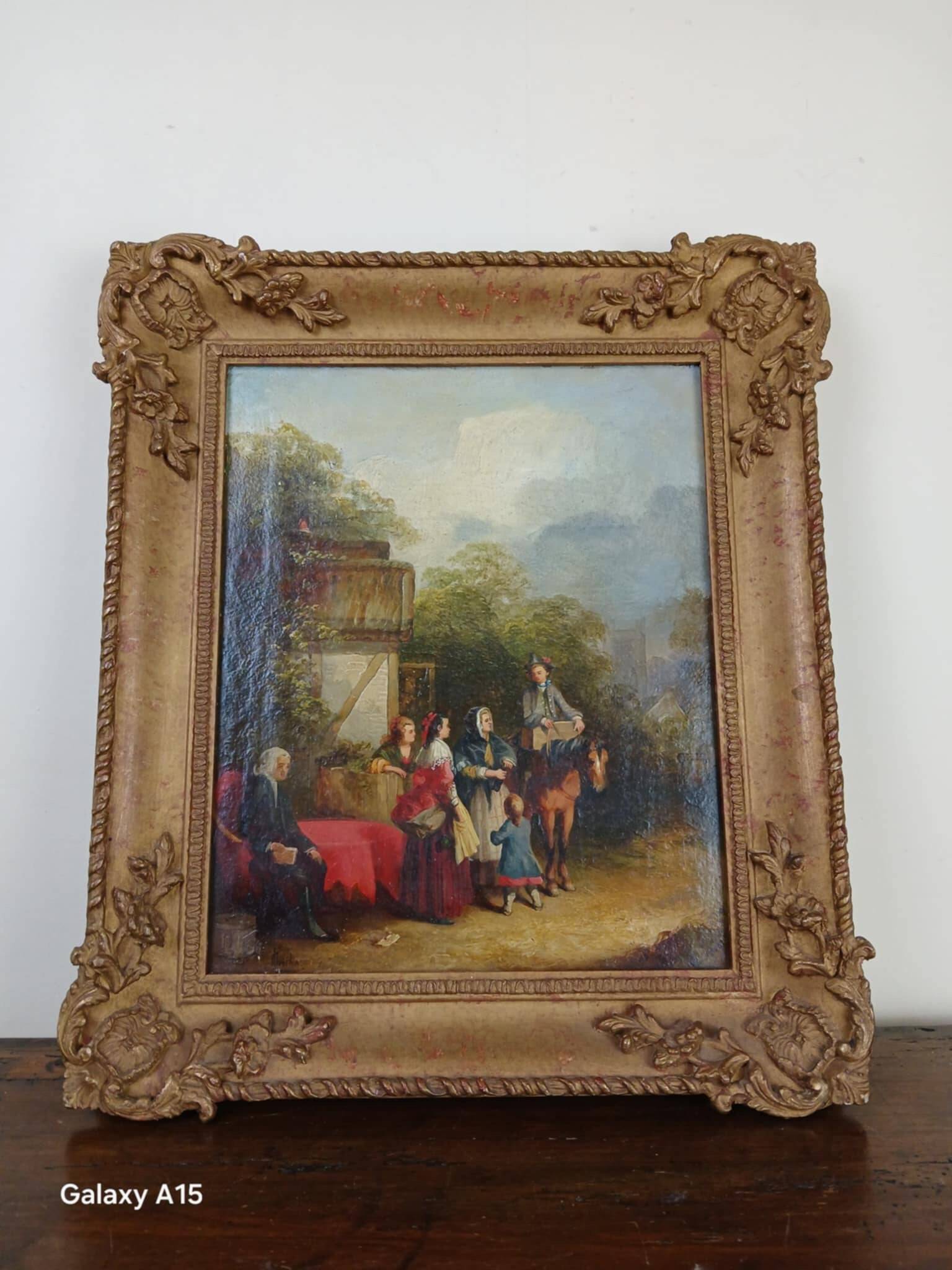 Oil on panel depicting a lively bourgeois scene