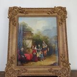 Huile sur panneau figurant une scène bourgeoise animée