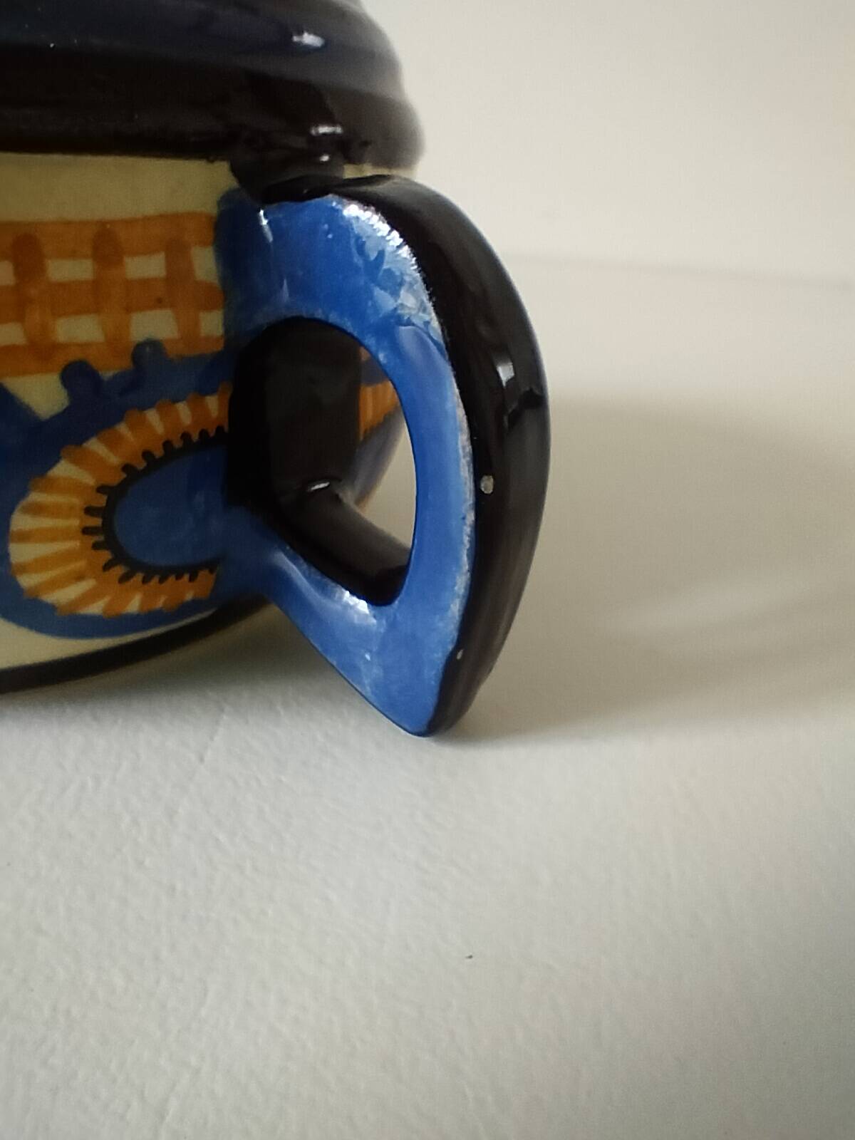 Quimper cup Paul Fouillen stylised decoration blue ochre circa 1940