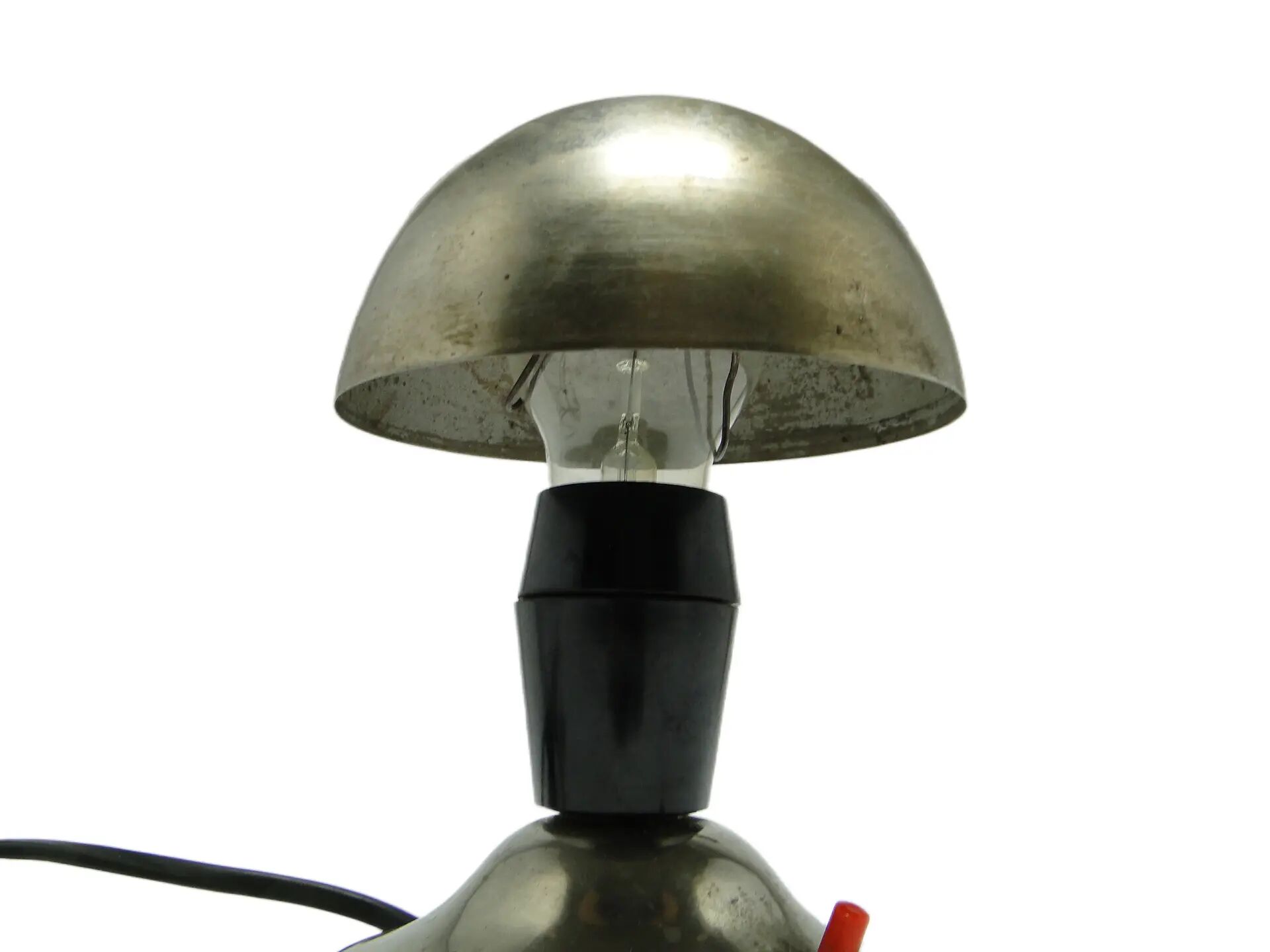 Mushroom table lamp, silver metal, black bakelite, Poland, 1950s