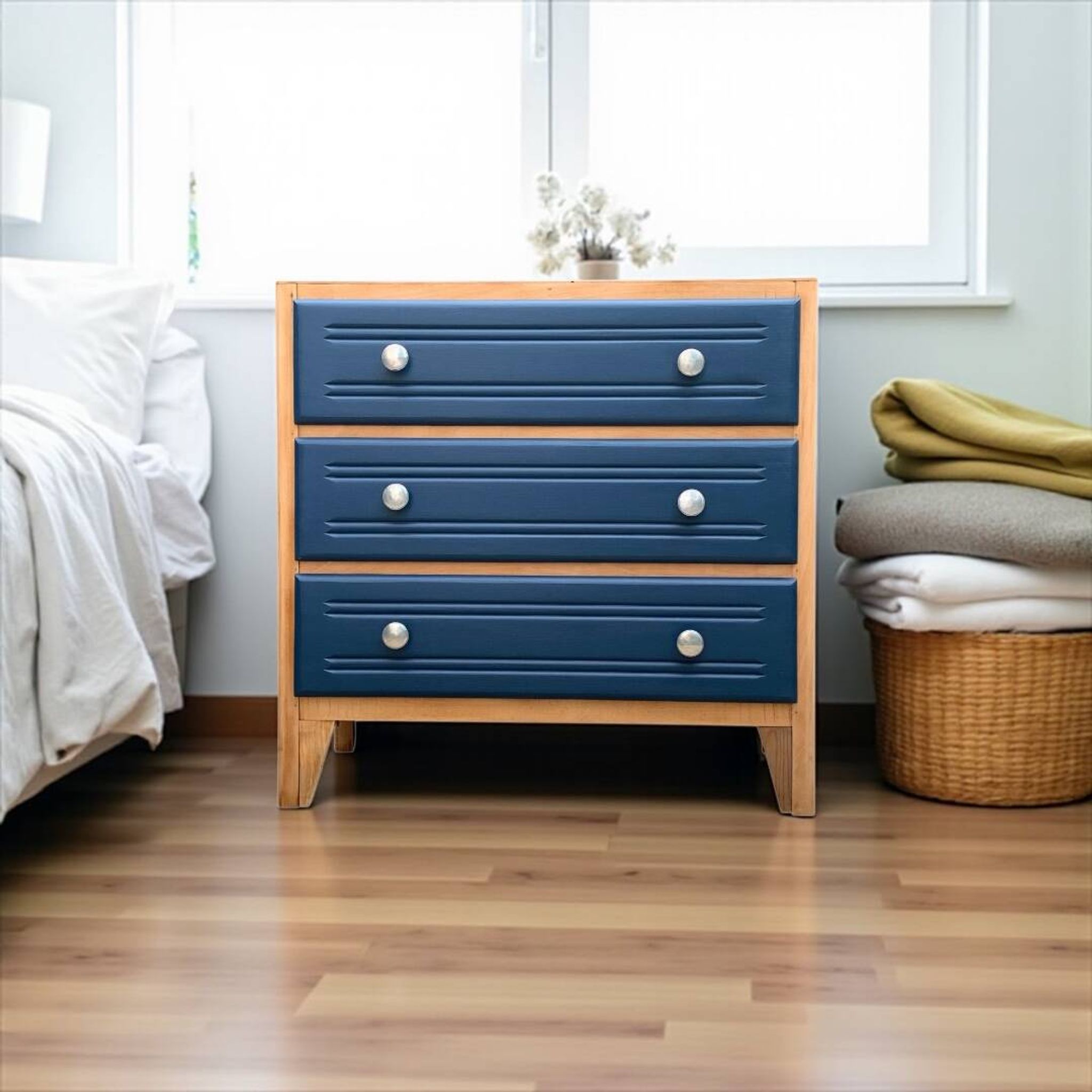 Art Deco chest of drawers in raw wood and blue, 1940