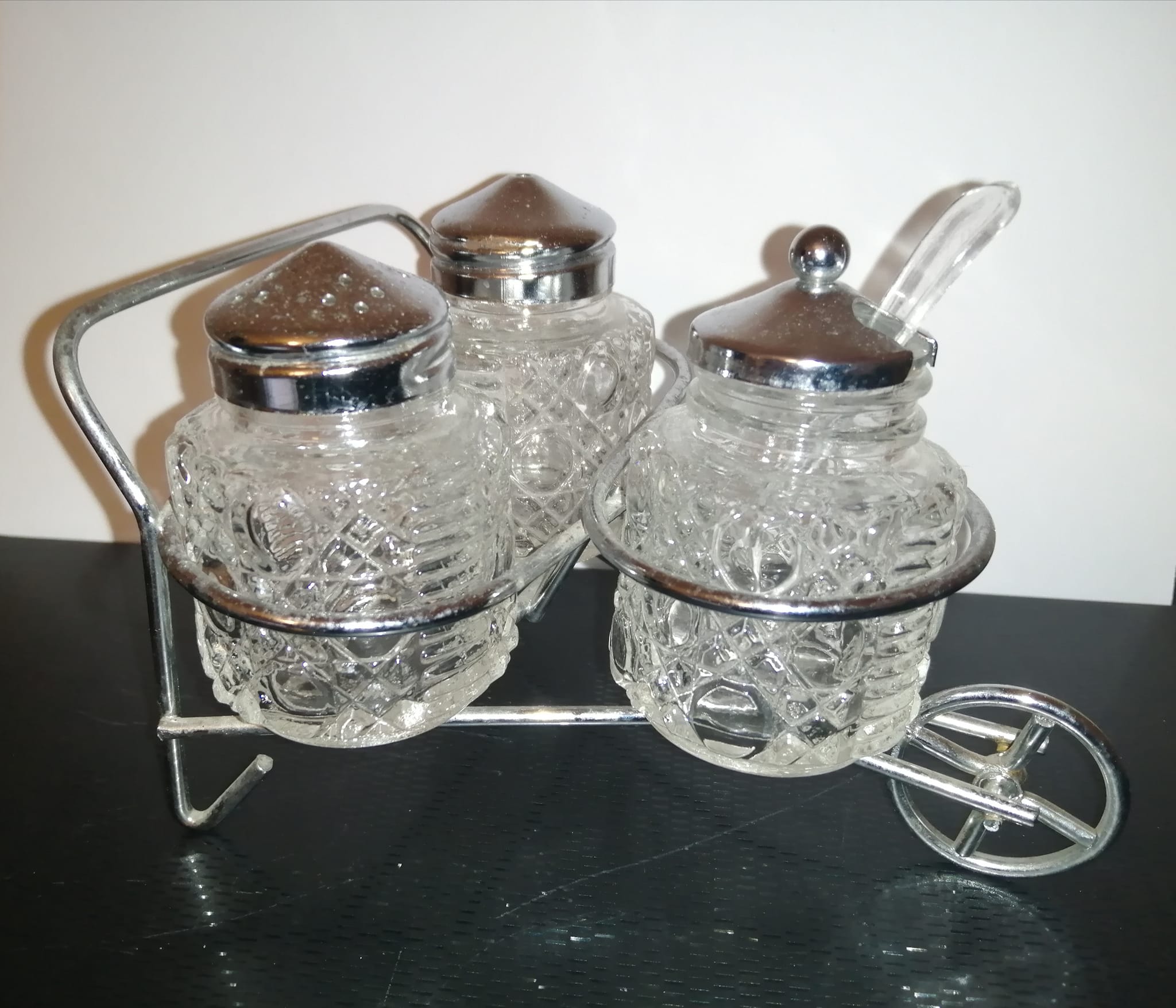 Salt, pepper and vintage mustard maker.