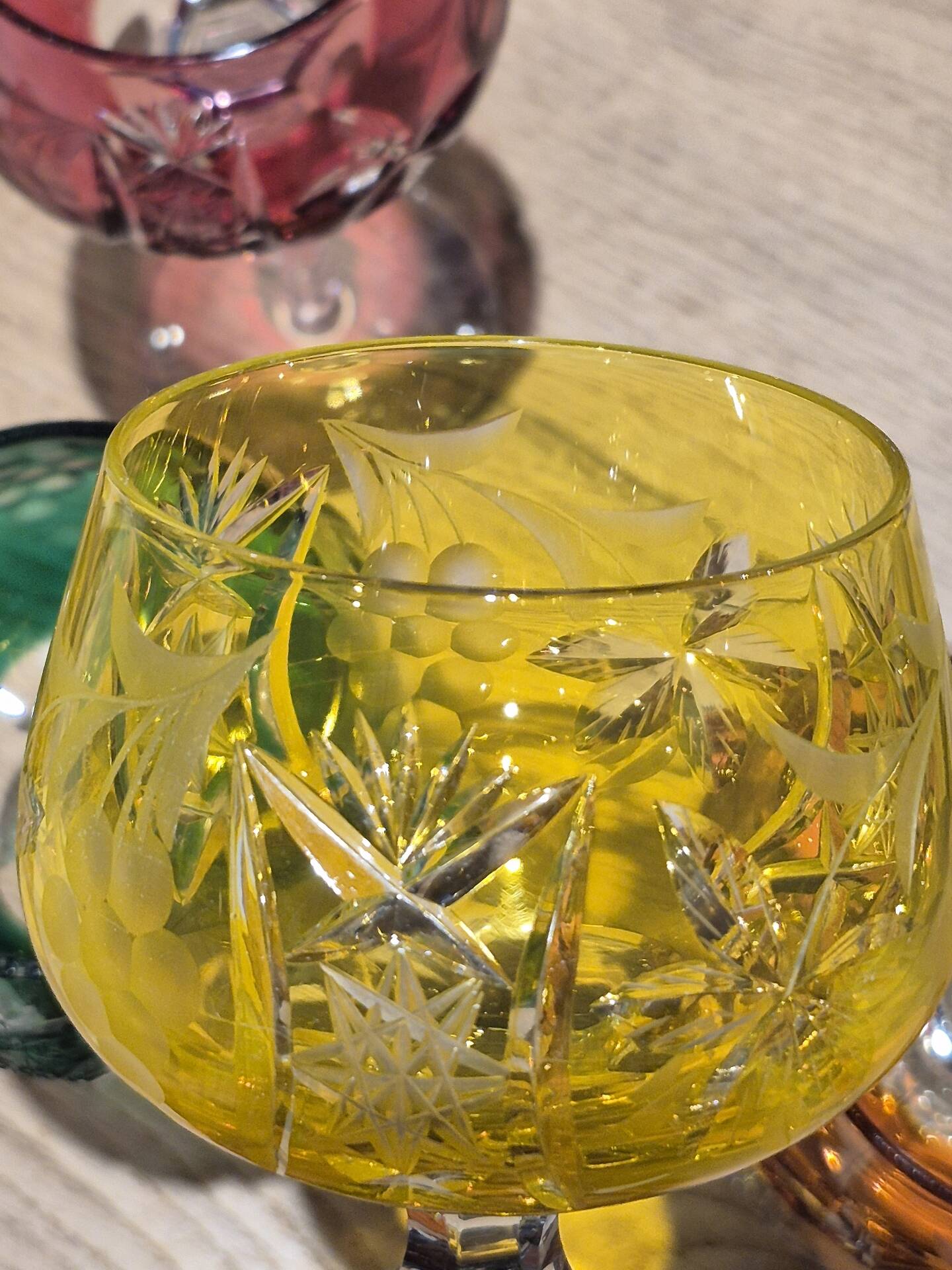 Set of 4 vintage coloured cut crystal wine glasses