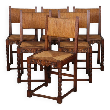 Set of 6 straw-seated solid wood chairs, French craftsmanship, 1950.