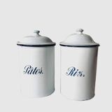 Pair of old large enameled sheet metal condiment pots