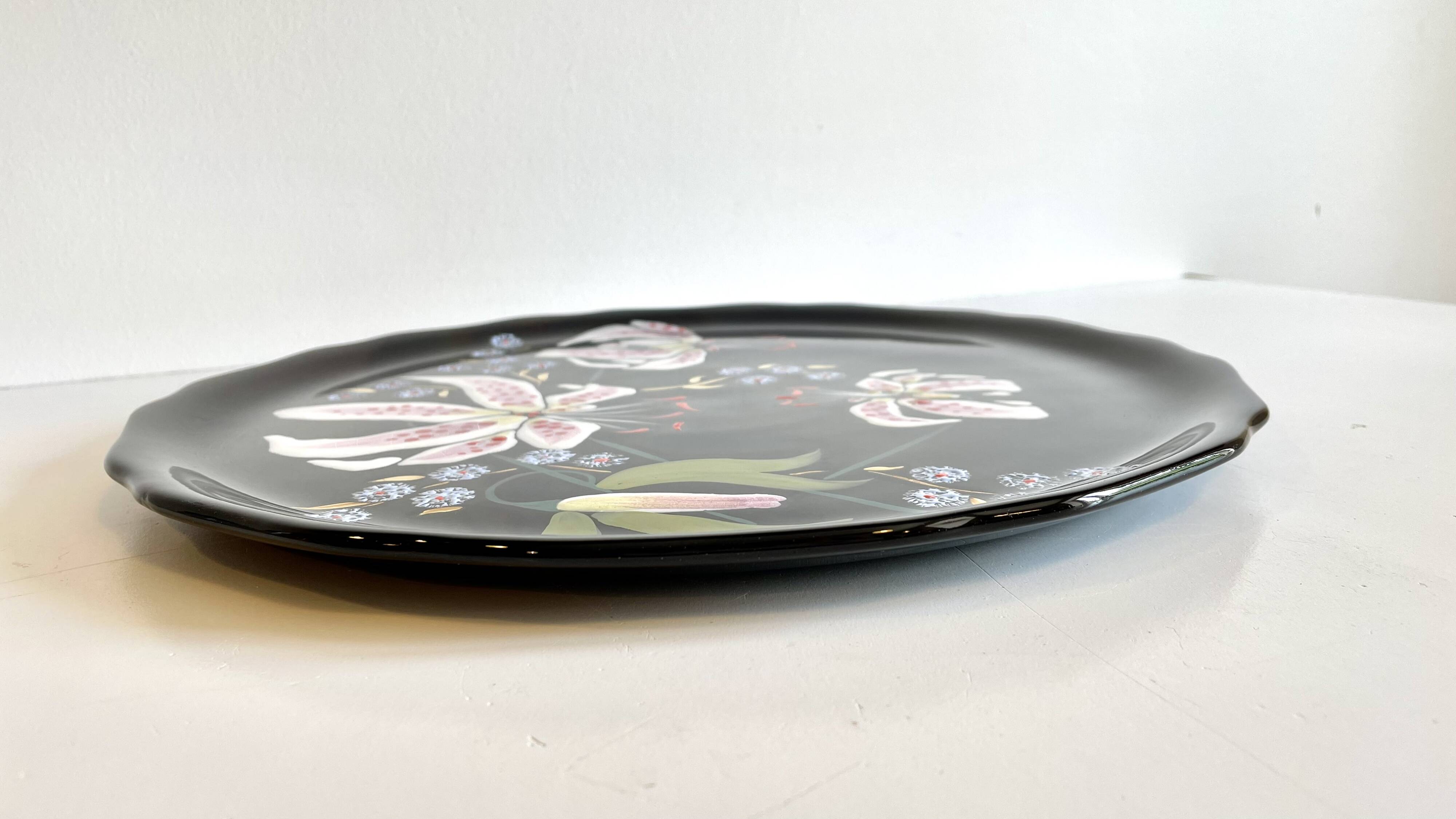 LONGWY earthenware dish with lilies signed L. VALENTI