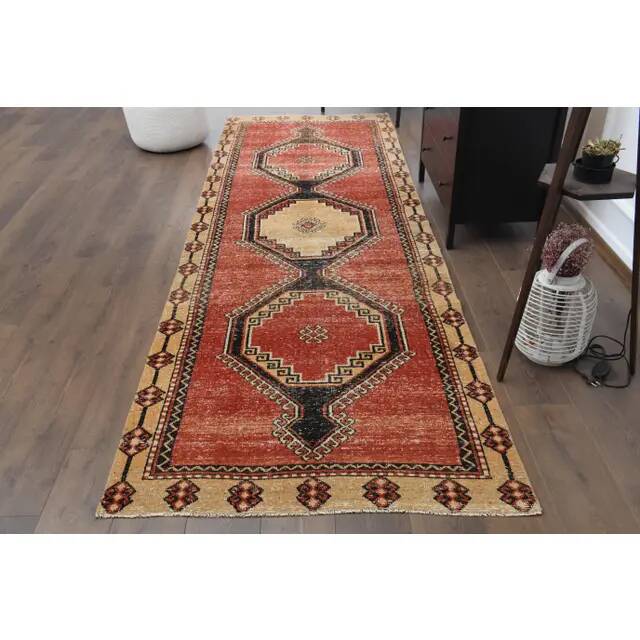1970s Vintage Turkish Oushak Handmade Wool Cotton Red Runner Rug 116x267