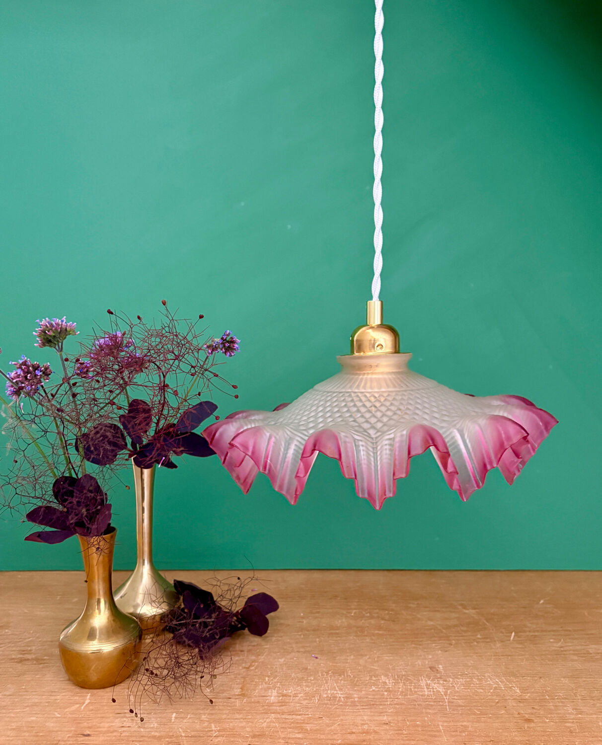 Vintage frosted glass pendant lampshade, half pink, half transparent