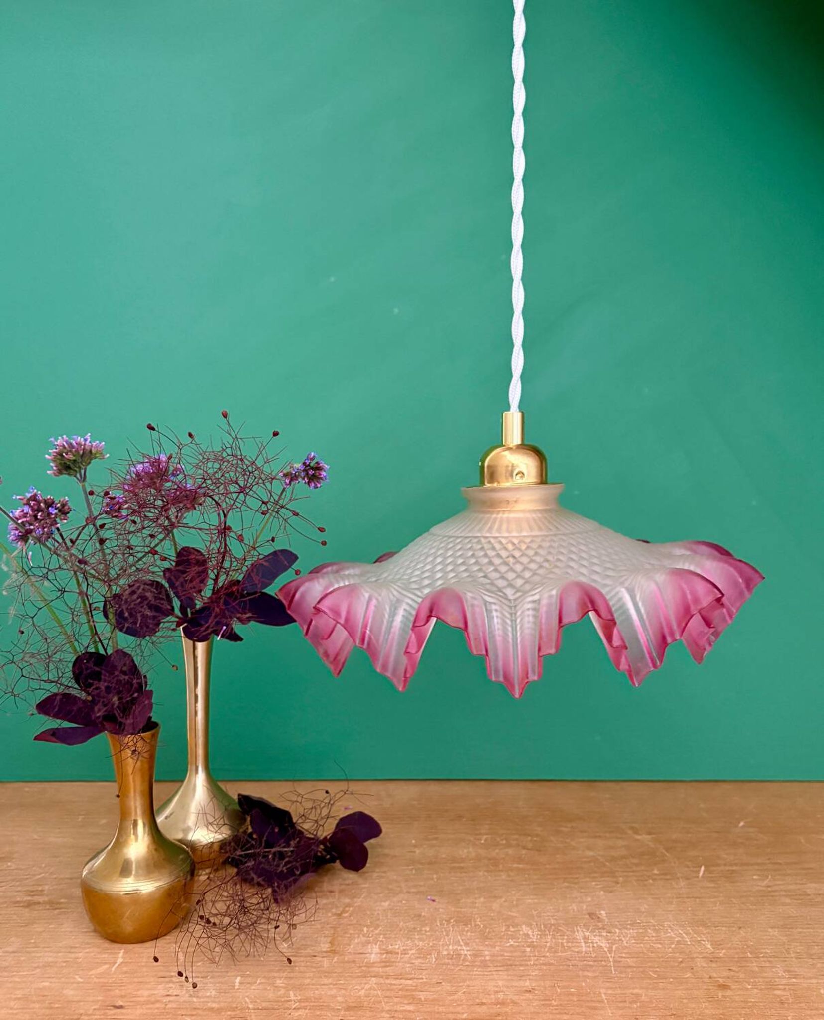 Vintage frosted glass pendant lampshade, half pink, half transparent