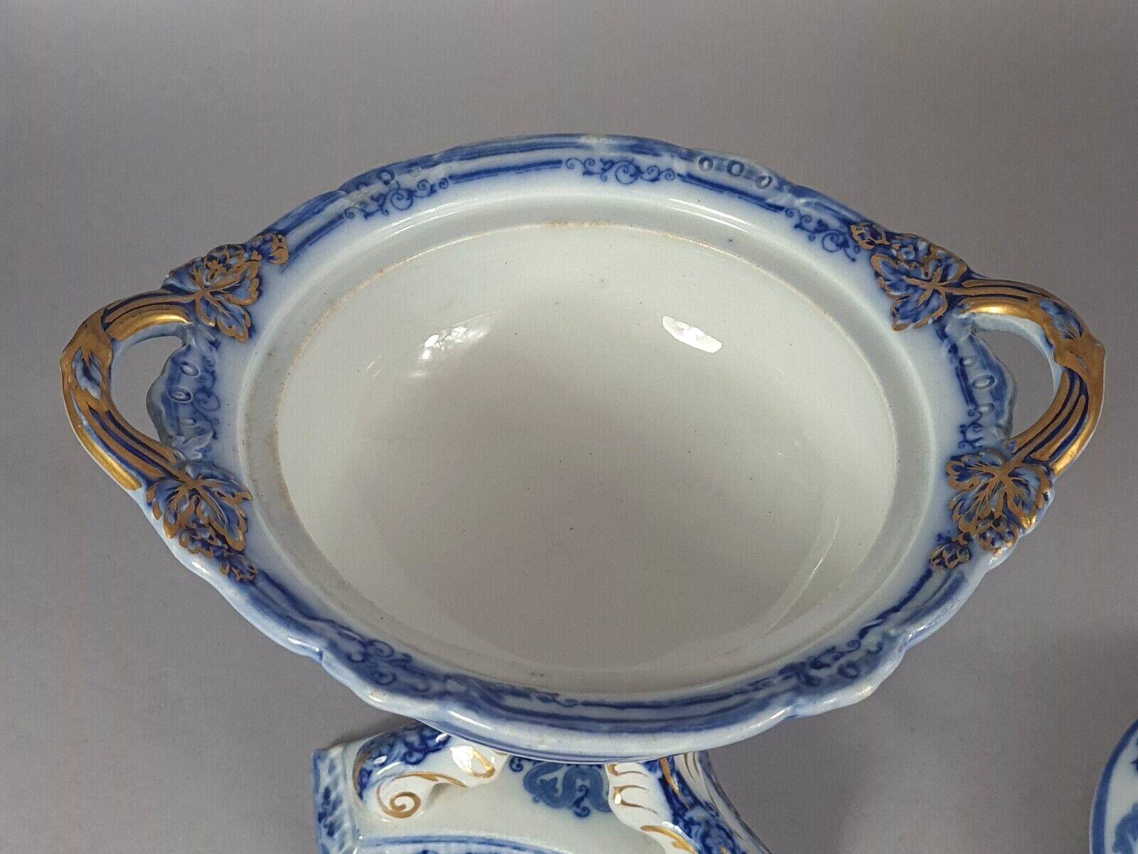 Beautiful covered tripod compote dish in blue and gold earthenware from the late 19th century SC