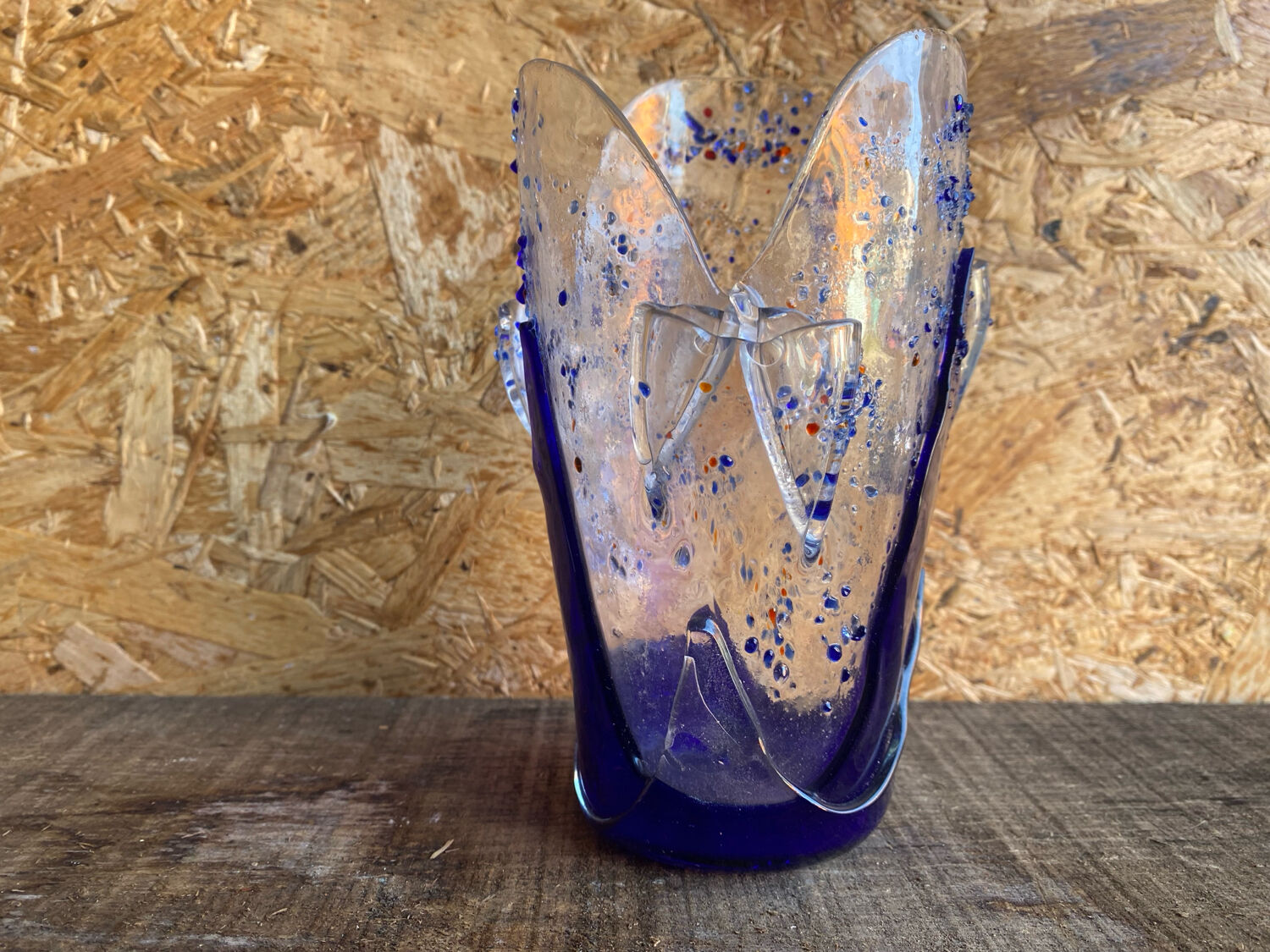 Vintage Blue & Transparent Layered Glass Inlaid Design Vase