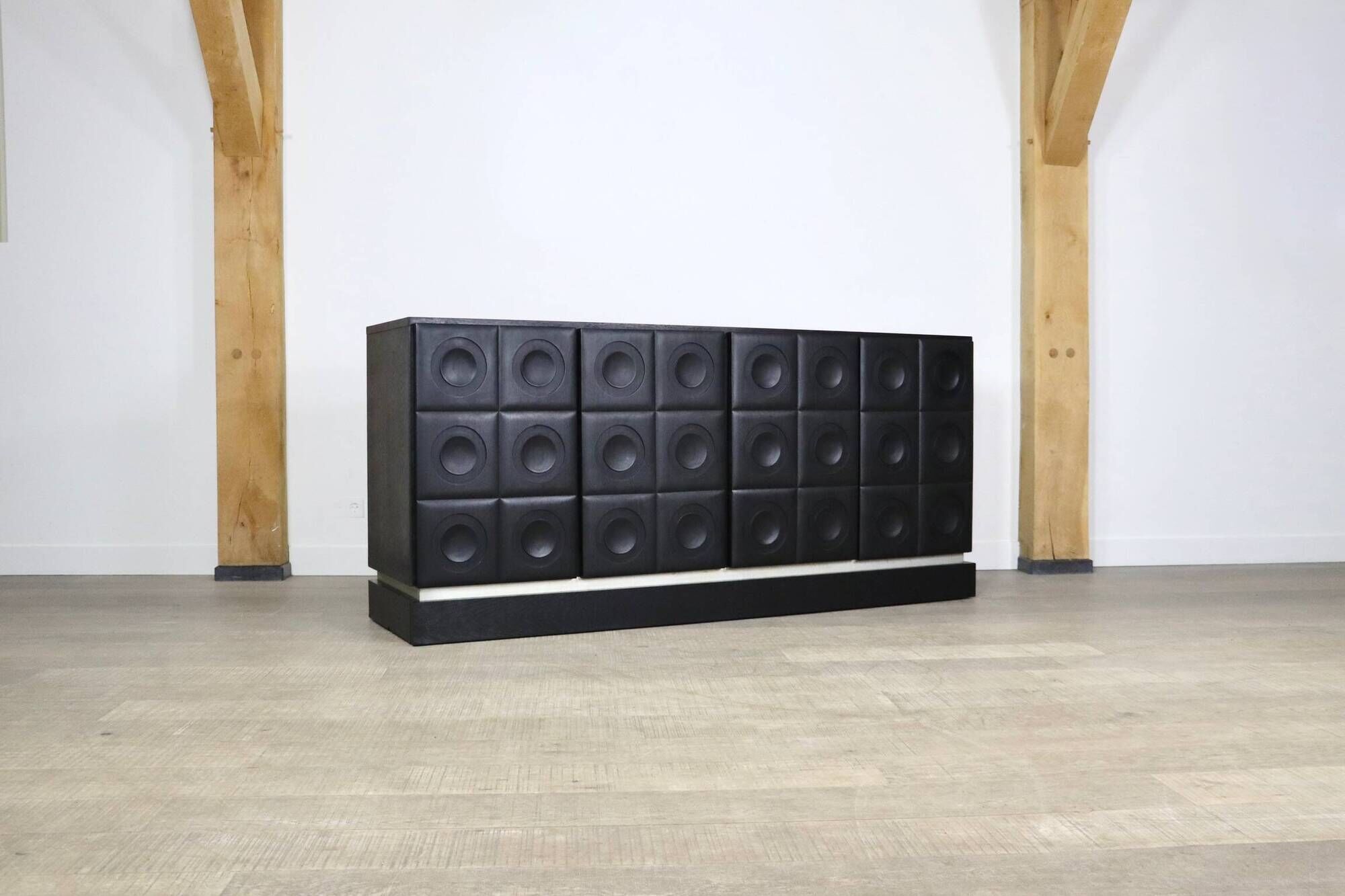 Midcentury Modern Brutalist Sideboard In Black Carved Wood And Chrome, Belgium, 1970s