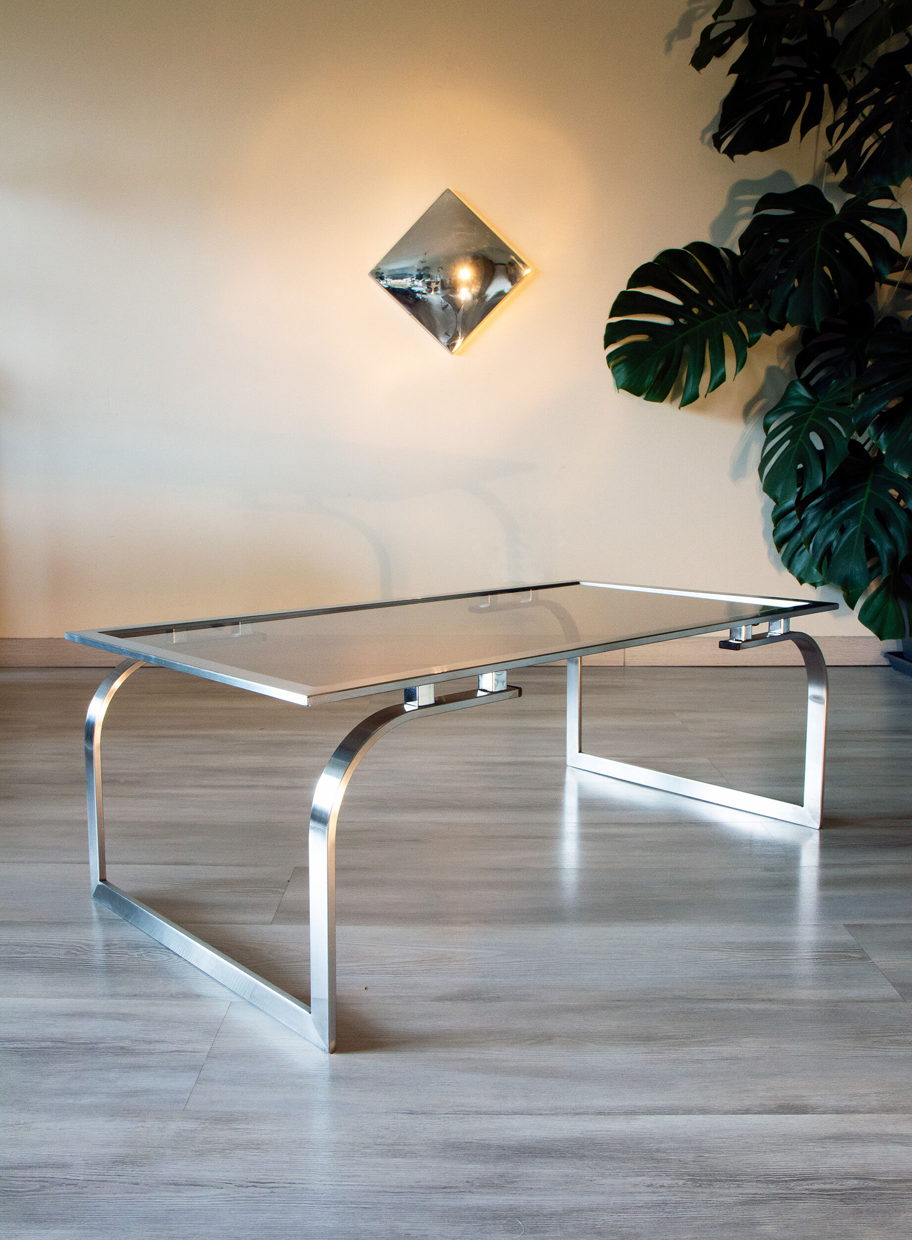 Coffee table 1970 smoked glass and metal