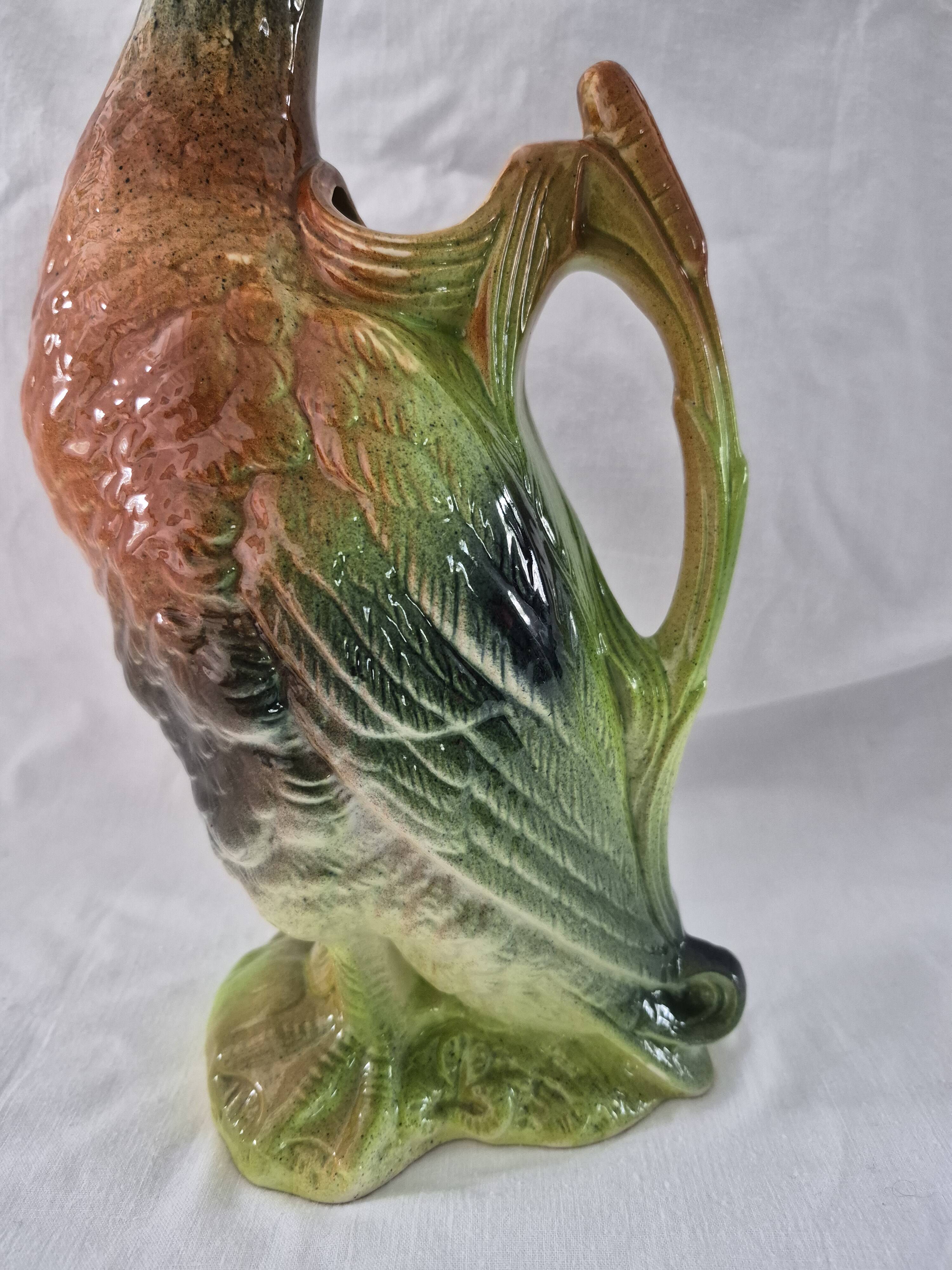 Old barbotine jug Saint Clément Mallard Duck A027