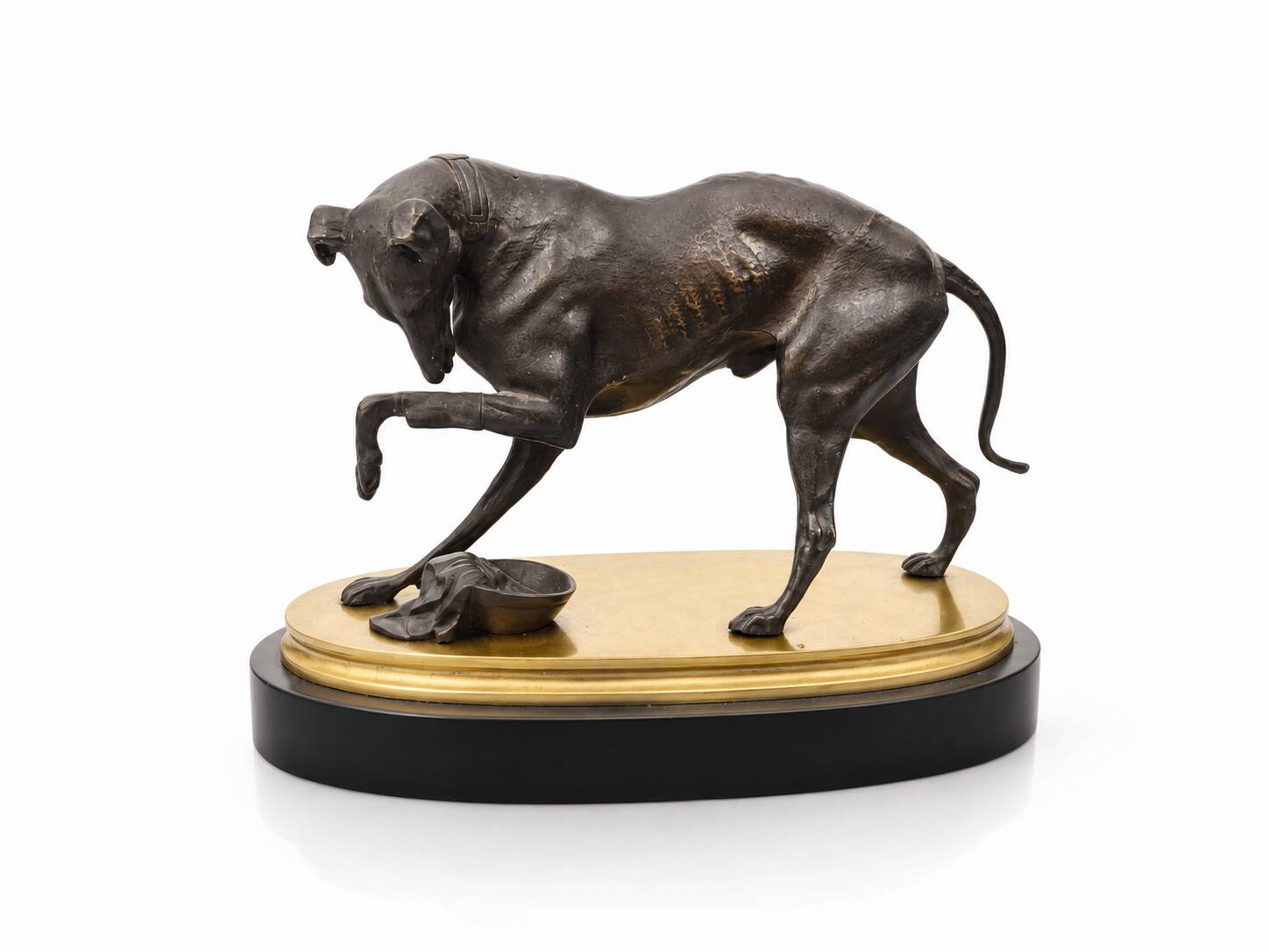 Bronze hunting dog and its prey – black marble base brass – s
